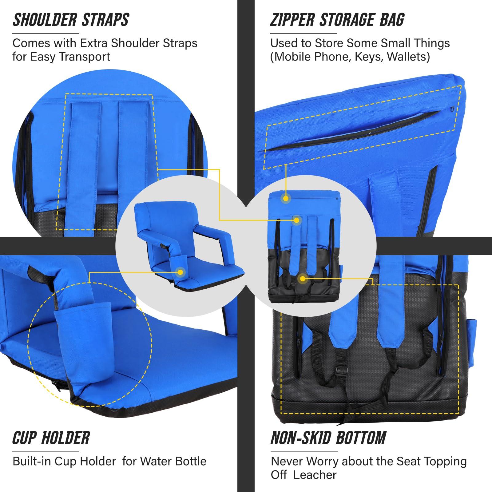 LEMY LEMY 5 Reclining Positions Adjustable Stadium Seat for Bleachers Portable Water Resistant Stadium Chair with Back/Arms/Cushion for Outdoor or Indoor(2 PCS, Blue)