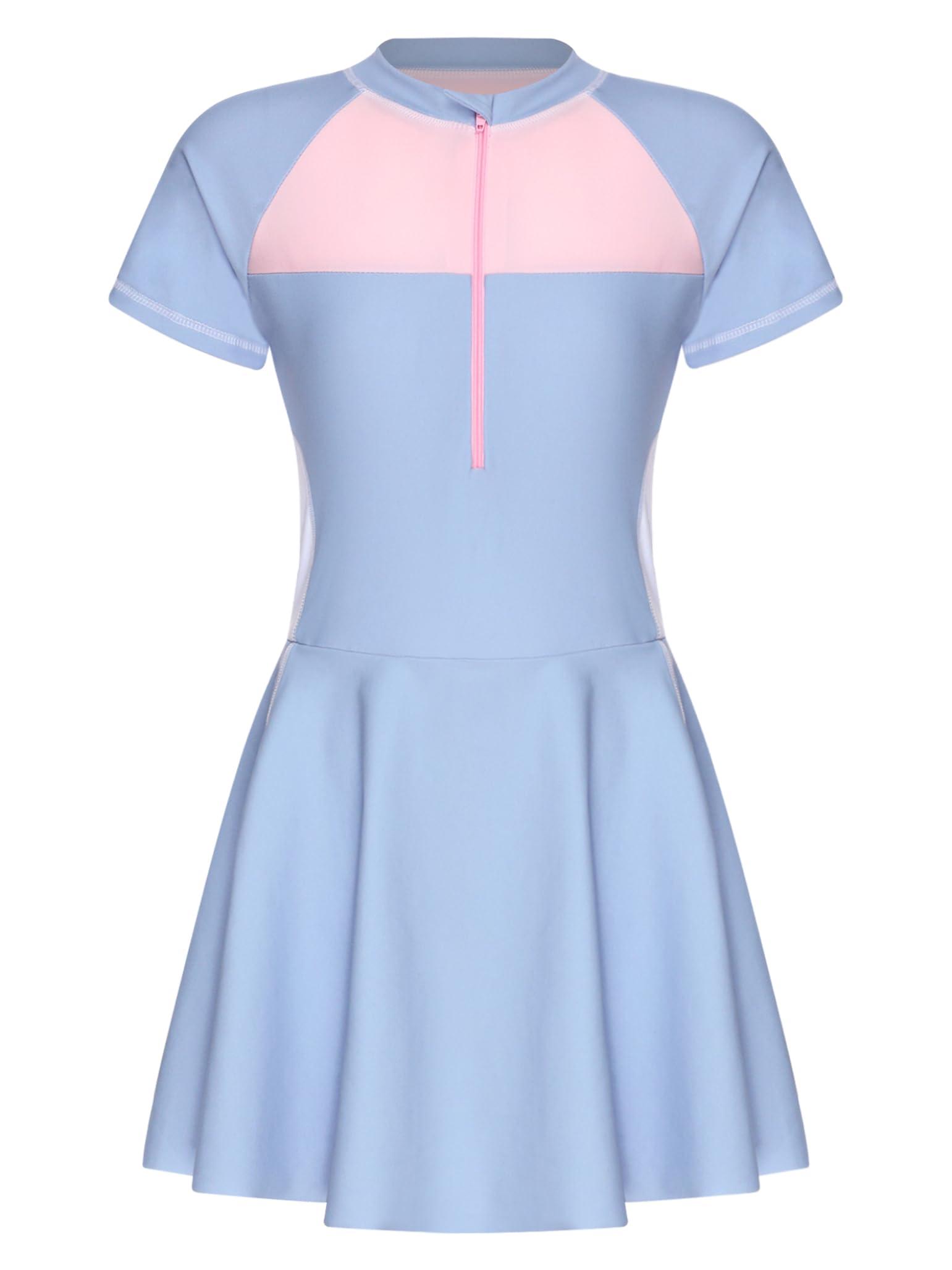 Moggemol Moggemol Kids Girls Short Sleeve Swimming Dress One Piece Swimsuit Boyshort Bottoms Bathing Suit Beachwear Blue 7-8 Years