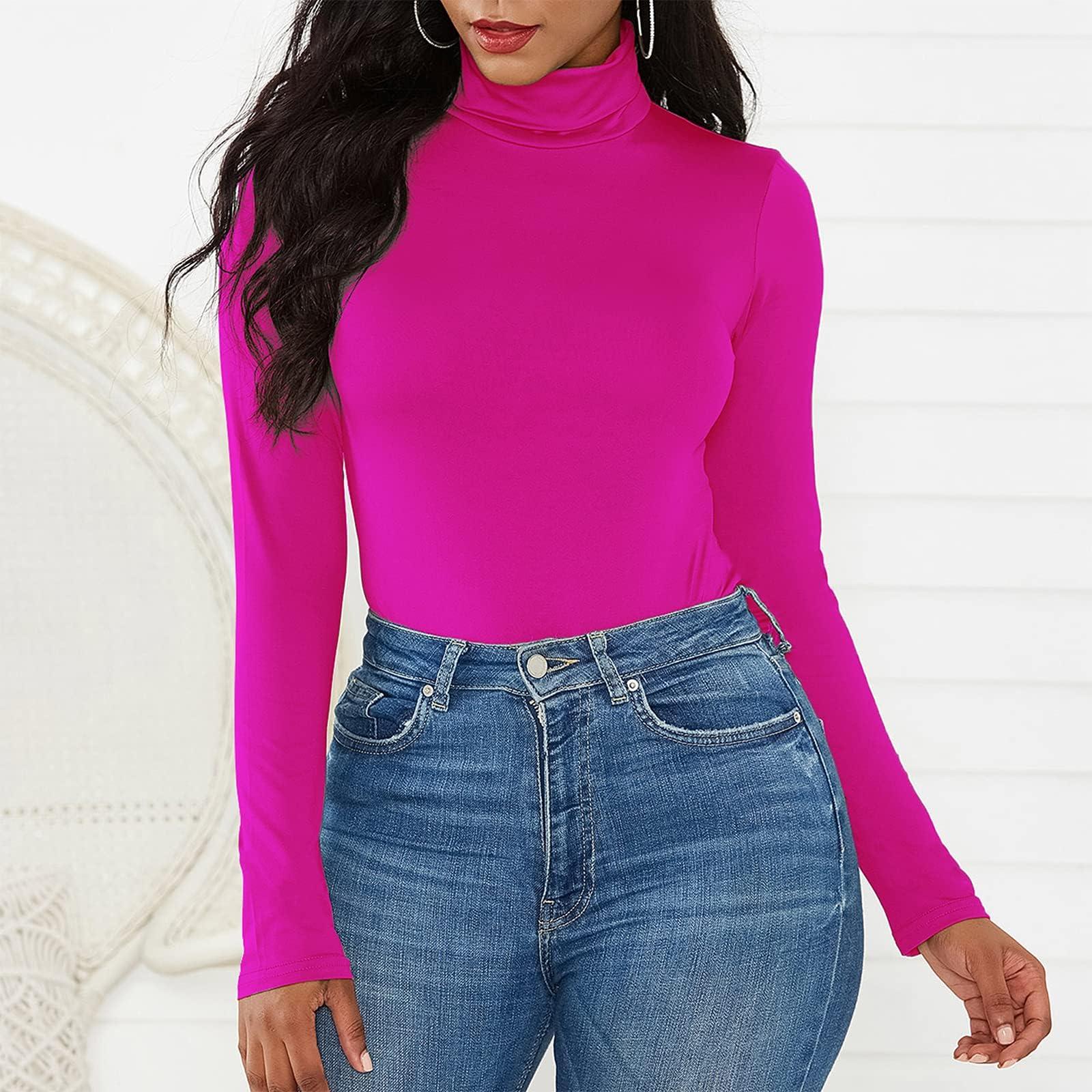 American Trends Hot Pink Bodysuit for Women Pink Long Sleeve leotard Neon Pink Turtleneck Leotards Neon Mock Turtle Neck Body Suit Shapewear Tops Rose Red S