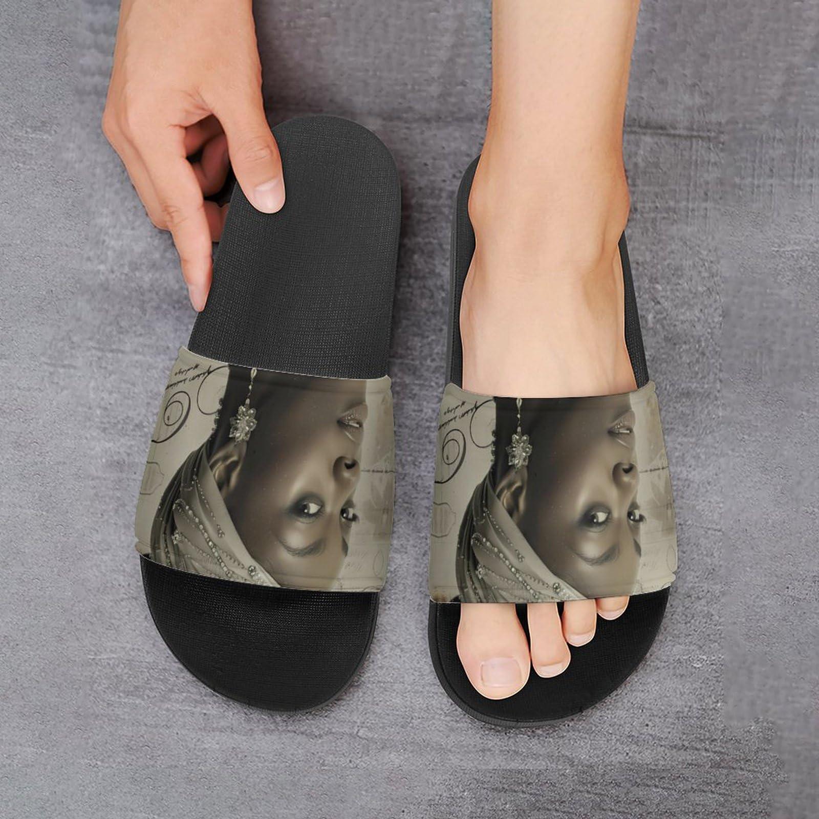 NineFit Basics African American Black And Silver Woman PVC Home Slippers Non-Slip Bathroom Slippers Durable Shower Shoes for Women Men 43 (265mm)