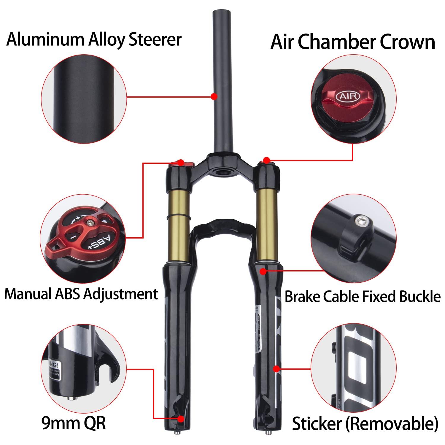 BOLANY BOLANY 20/24inch Bike Suspension Air Fork 28.6mm(1-1/8inch)*220mm Thread-Less Straight Steerer 9mm Disc Brake Version MTB Front Fork 100/135mm Travel