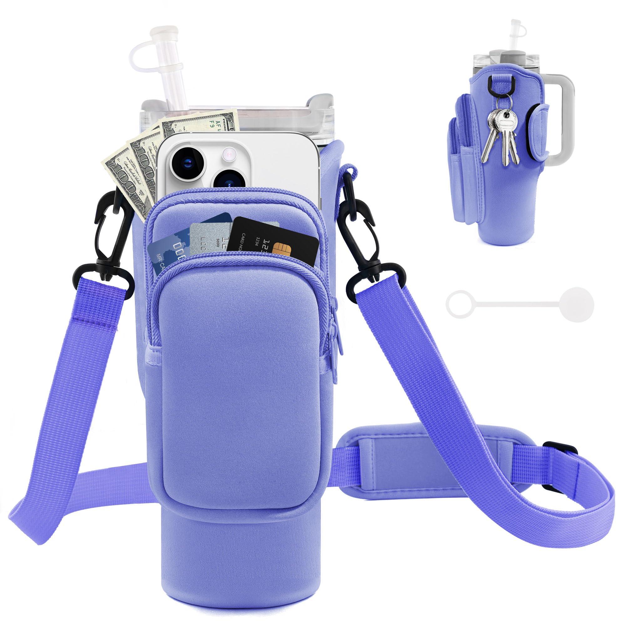 JEBEALUO JEBEALUO Water Bottle Carrier Bag with Phone Pocket for Stanley Cup 40/30 oz, Water Bottle Holder with Adjustable Strap& Straw Cover, Stanley Cup Accessories (Violet)
