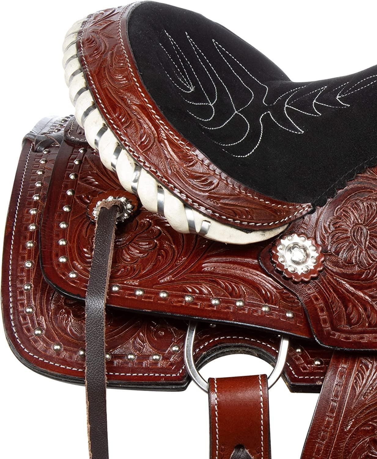 SHOWMEN CRAFT SHOWMEN CRAFT Barrel Racer Show Trail Riding Tooled Leather Western Saddle Tack Horse and Pony Size 14 Inches Seat