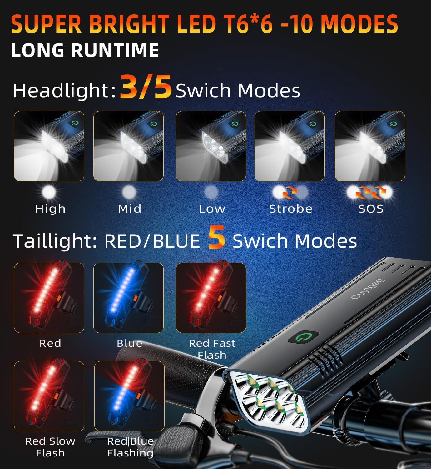 Cuytgsg 2025 New 6 LED 10000 Lumen Super Bright Bike Lights for Night Riding,360Rotatable Bike Headlight,Bicycle Light-10 Modes,Runtime 36+ hrs,Upgrade Waterproof USB Rechargeable Bike Light,with Taillight