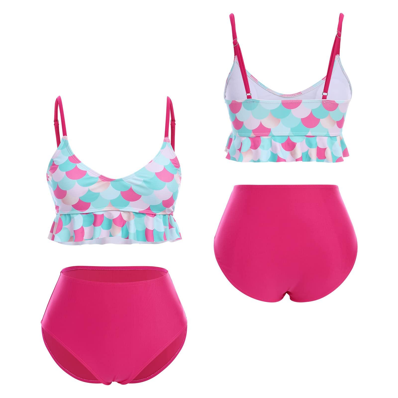 ODASDO Mommy and Me Swimsuit Two Pieces Bikini Set Bathing Suit Mom and Daughter Family Matching Swimwear Monokini Padded Push Up Tummy Control Mermaid Women Girl's One-Piece Summer Beachwear Hot Pink 2-3Y