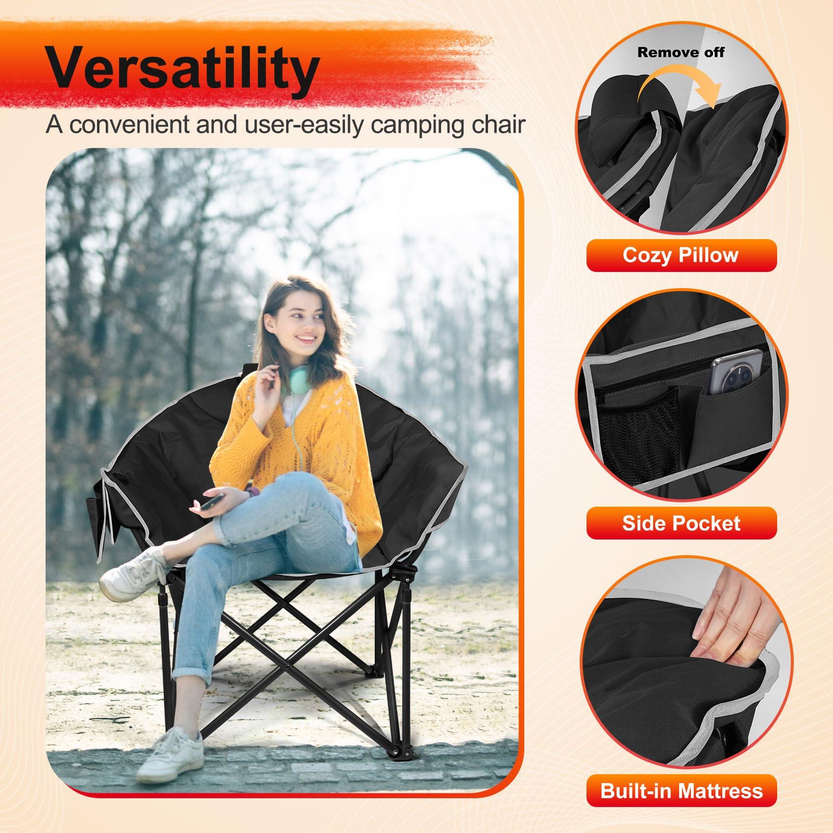 Slendor Slendor Heated Camping Chair, Oversized Heated Chairs Outdoor Sports, 3-Levels Adjustable Heated Camp Chair for Fishing, Sports, Lawn with Pillow, Padded, Storage Bag, Supports 440lbs, Black