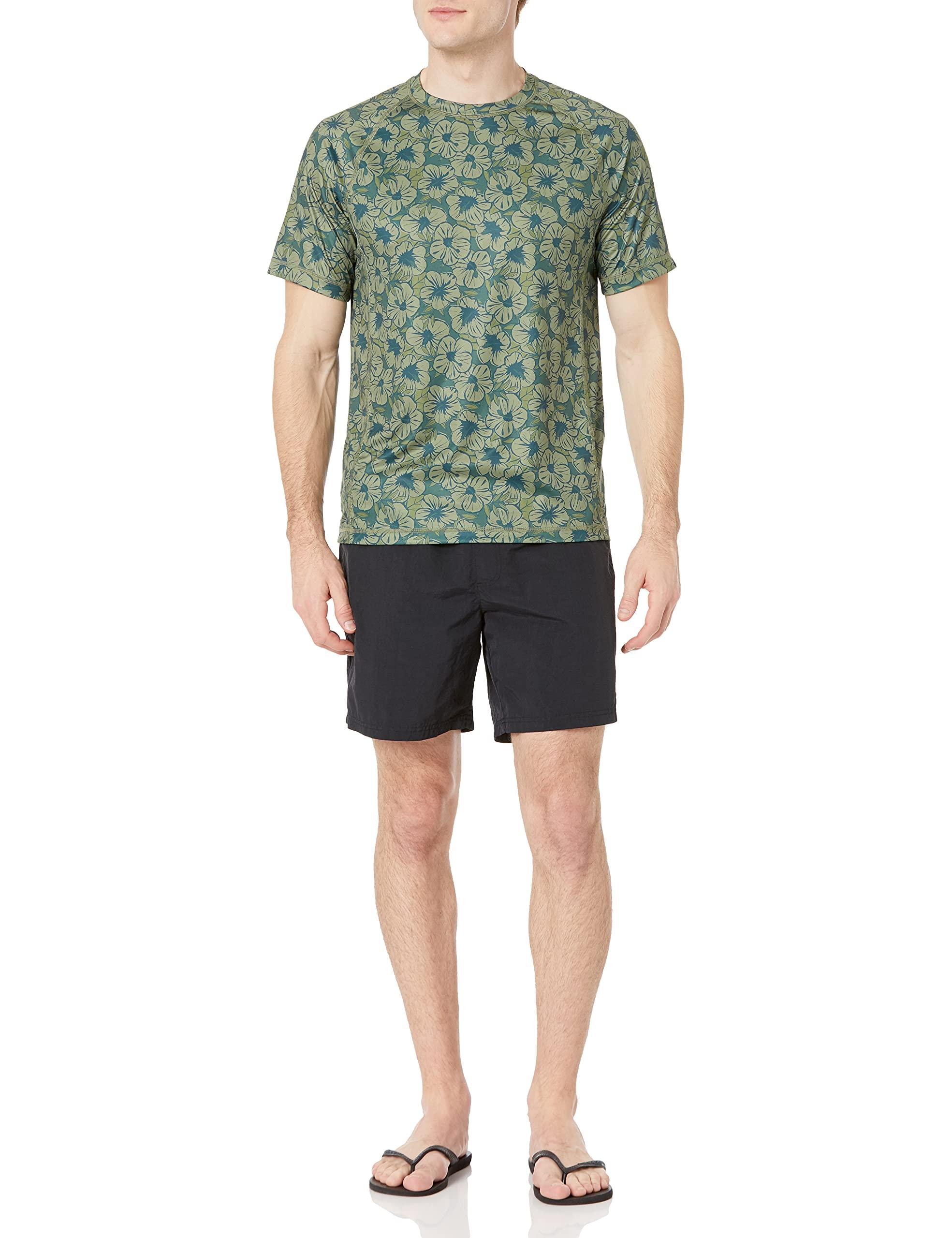 Amazon Essentials Amazon Essentials Men's Slim-Fit Short-Sleeve Quick-Dry UPF 50 Swim Tee, Olive Hibiscus Flower, X-Small