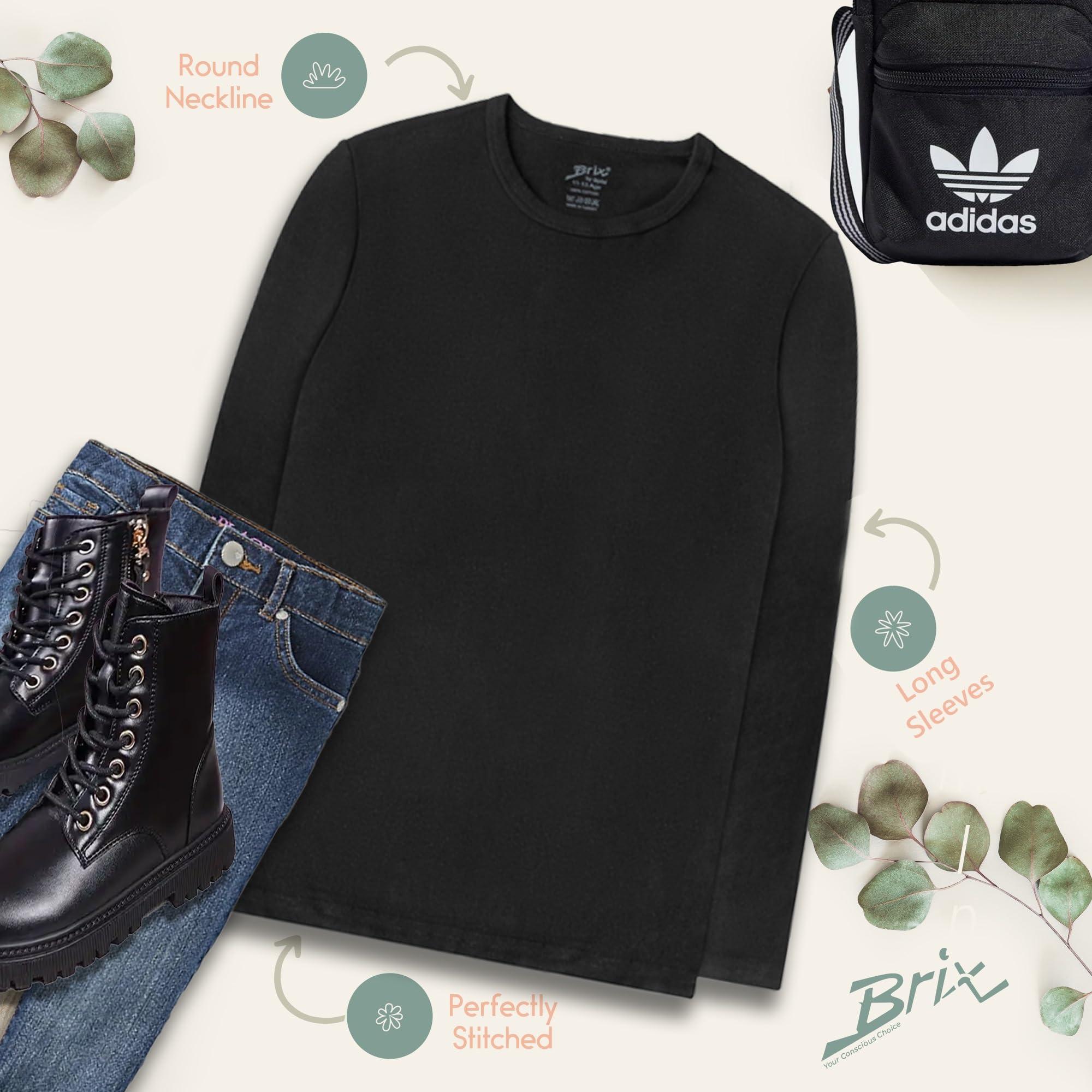 Brix Brix Girls' Long Sleeve Tees - 100% Cotton Tagless 4 -Pack Crew Neck Super Soft Cotton T Shirts. (US, Age, 11 Years, 13 Years, Black, White, Navy, Fuschia Pink)