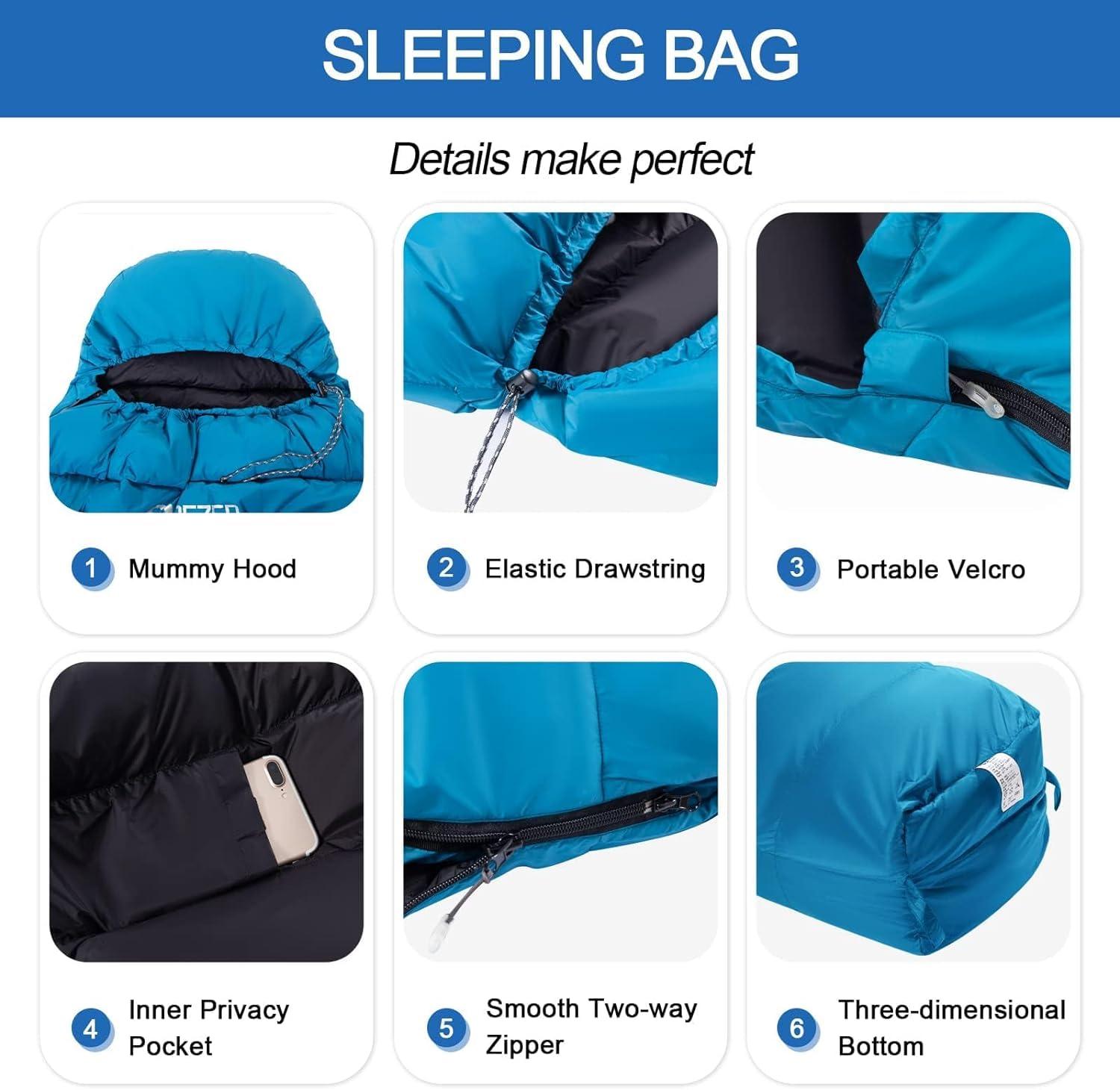 QEZER QEZER Ultralight Down Sleeping Bag for Adults 37-60 Degree F with 600 Fill Power, Compact Summer Sleeping Bag with Compression Sack for Backpacking, Hiking and Camping
