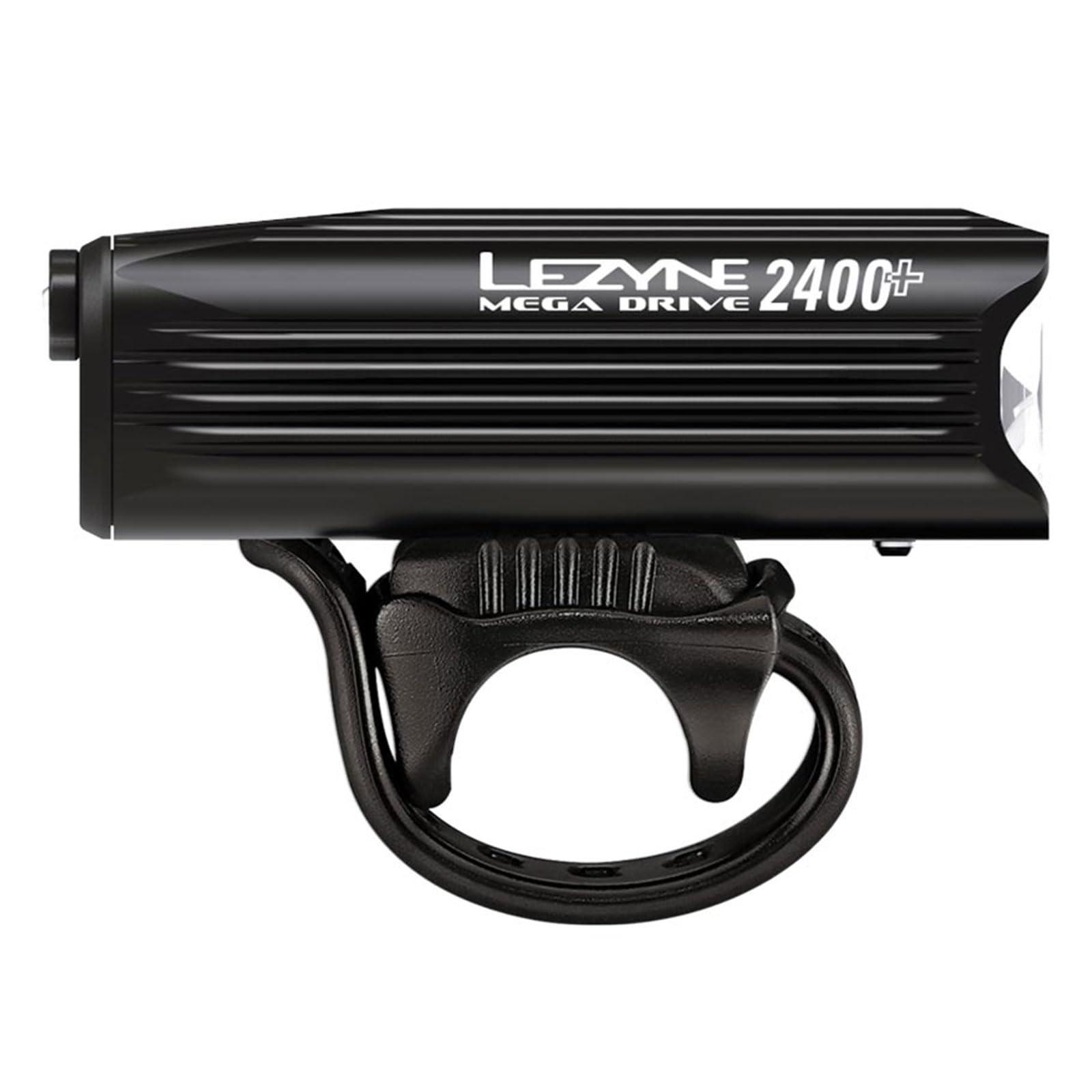 LEZYNE LEZYNE Mega Drive Bicycle USB-C Rechargeable IPX7 White LED Front Light with Multiple Solid & Flash Modes | Integrated Silicone Rubber Strap Mount | 2400 Lumens, Black Gloss
