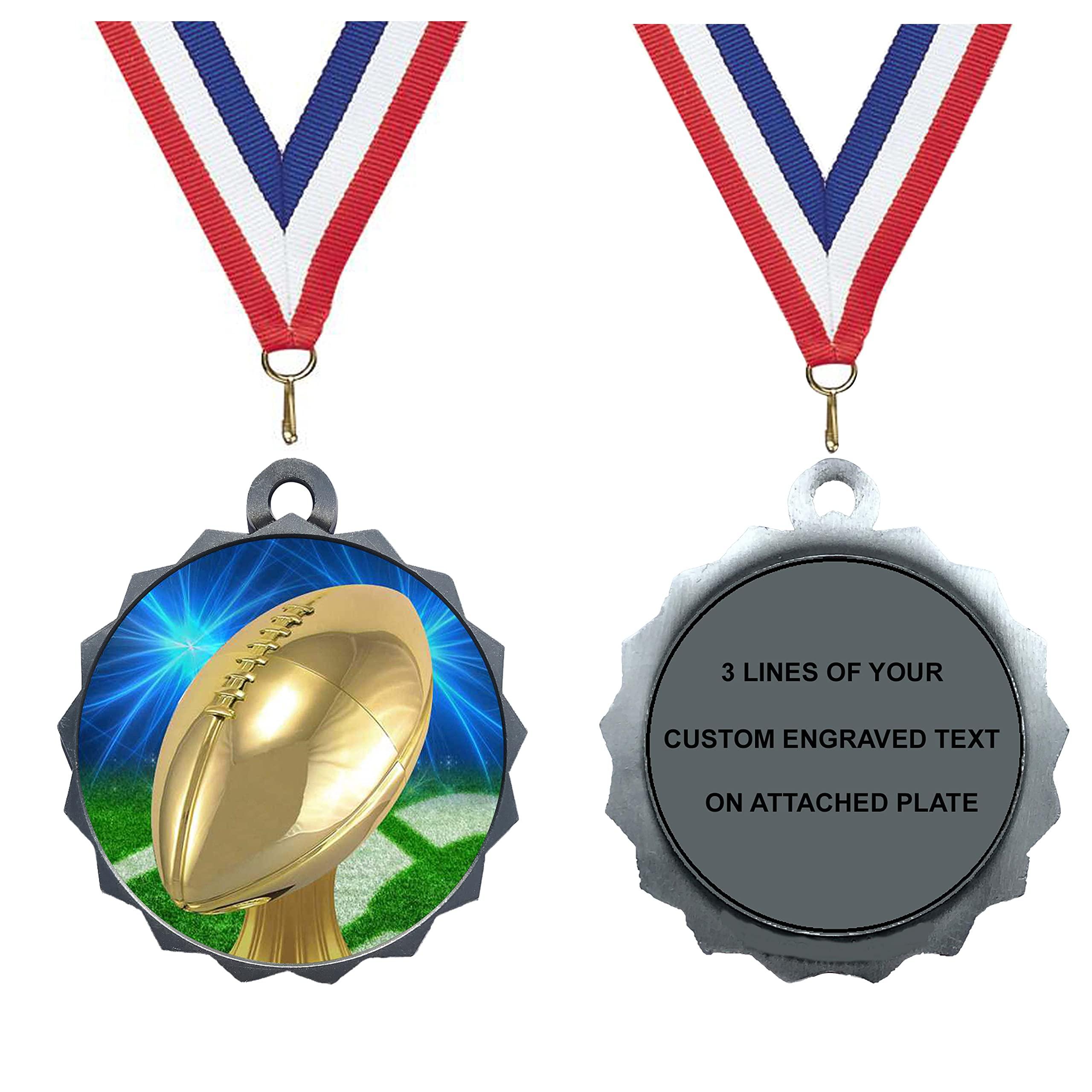Express Medals Express Medals Custom Football Silver Medal Trophy Award with Neck Ribbon & Attached Engraved Plate on Back LAZD214-D20 1PK