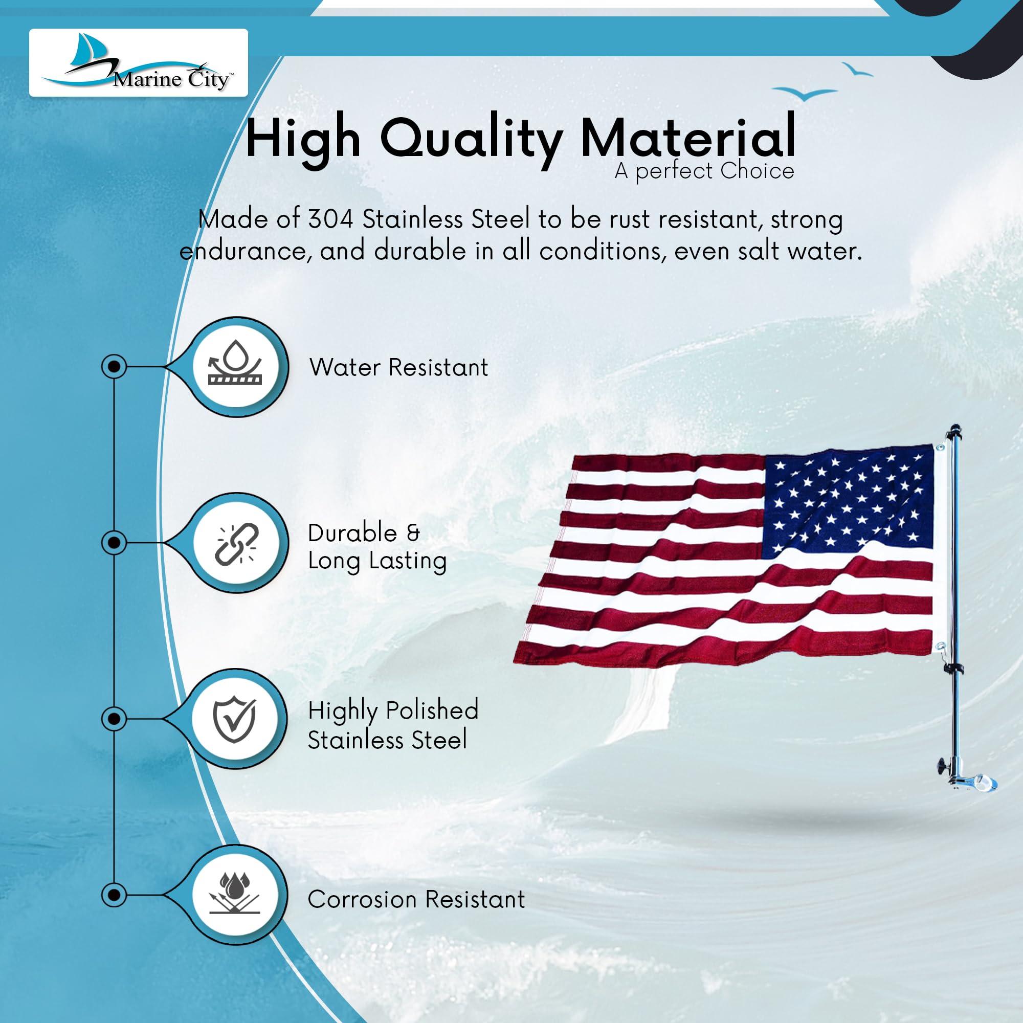 MARINE CITY MARINE CITY 304 Grade Stainless Steel 22 Inches Flag Pole Base Bright-Polished Attractive Finish Rail Mounted Flag Rod and 20 Inches x 30 Inches US Flag for Marines Boats Yachts (1 Set)