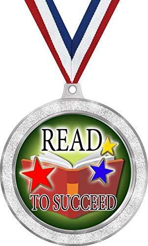 Crown Awards Reading Medal, 2 1/2\" Silver Glitter Read to Succeed Medals, Great Kids Reading Awards 50 Pack