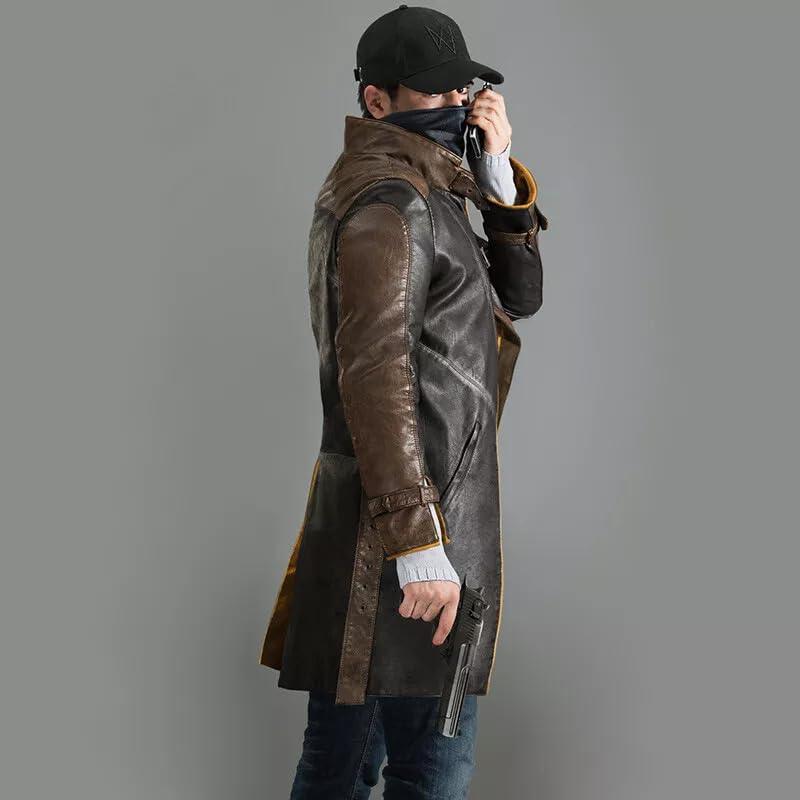 Epic Outfit Watch Dogs Aiden Pearce Cosplay Coat - Men's Brown Real/Faux Leather Long Trench Overcoat (Real Leather, S)