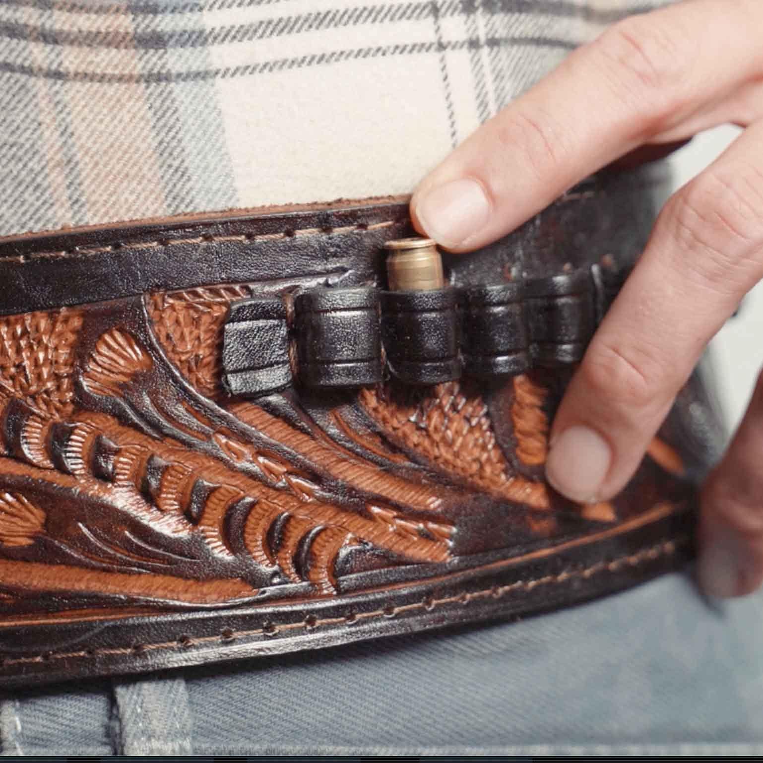 Open Road Goods 22 Caliber Western Leather Gun Holster & Belt - Cowboy Style Single Drop Rig Standard Barrel - Authentic Handmade Hand Tooled .22 Cal (Brown, 34)