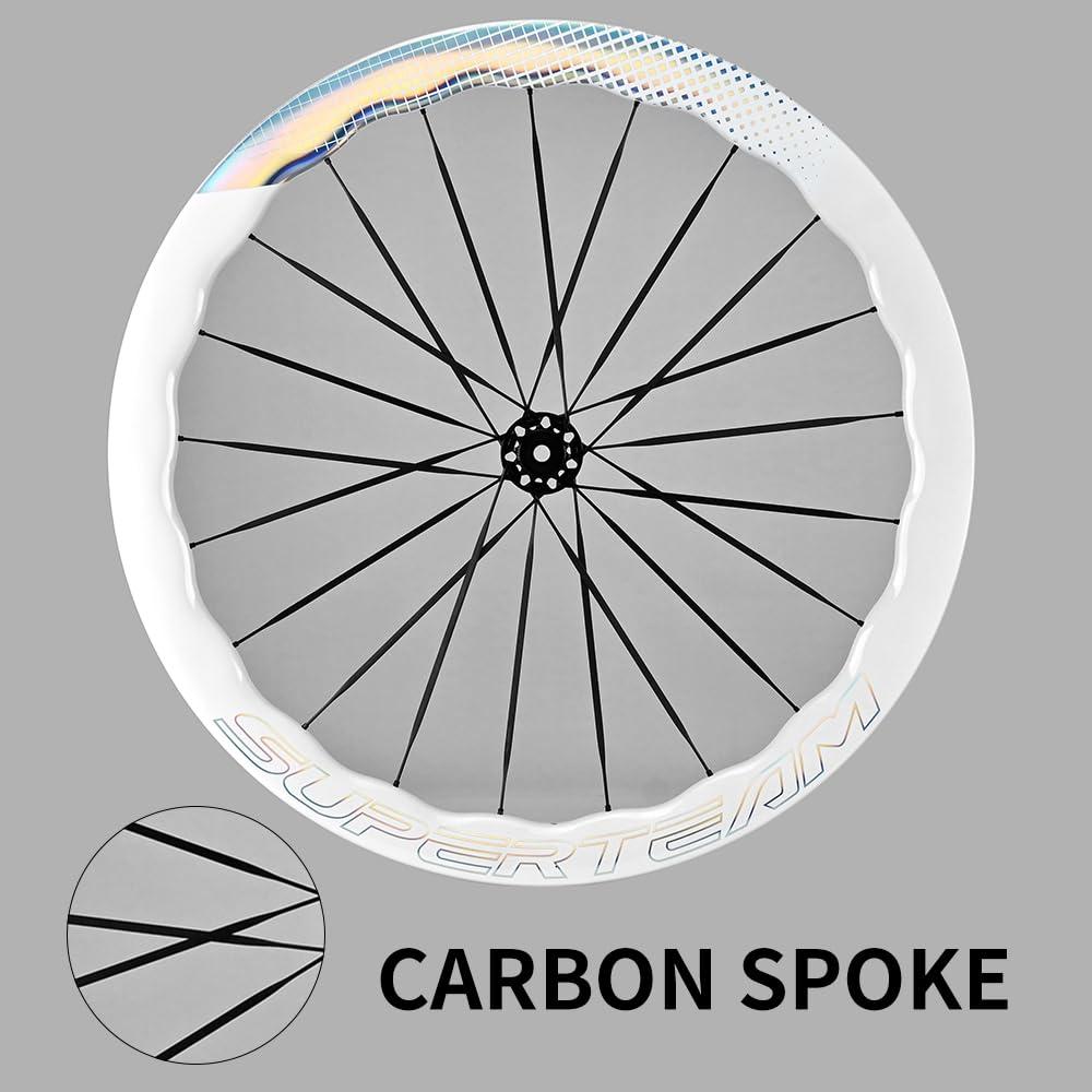 SUPERTEAM SUPERTEAM Carbon Spokes Tubeless Wheelset 50-28mm White Painting Wheels with Ratchet System Hub (FIT for SHIMAN0 8-12 Speed, Thru-Axle Type 12 * 100/12 * 142mm)