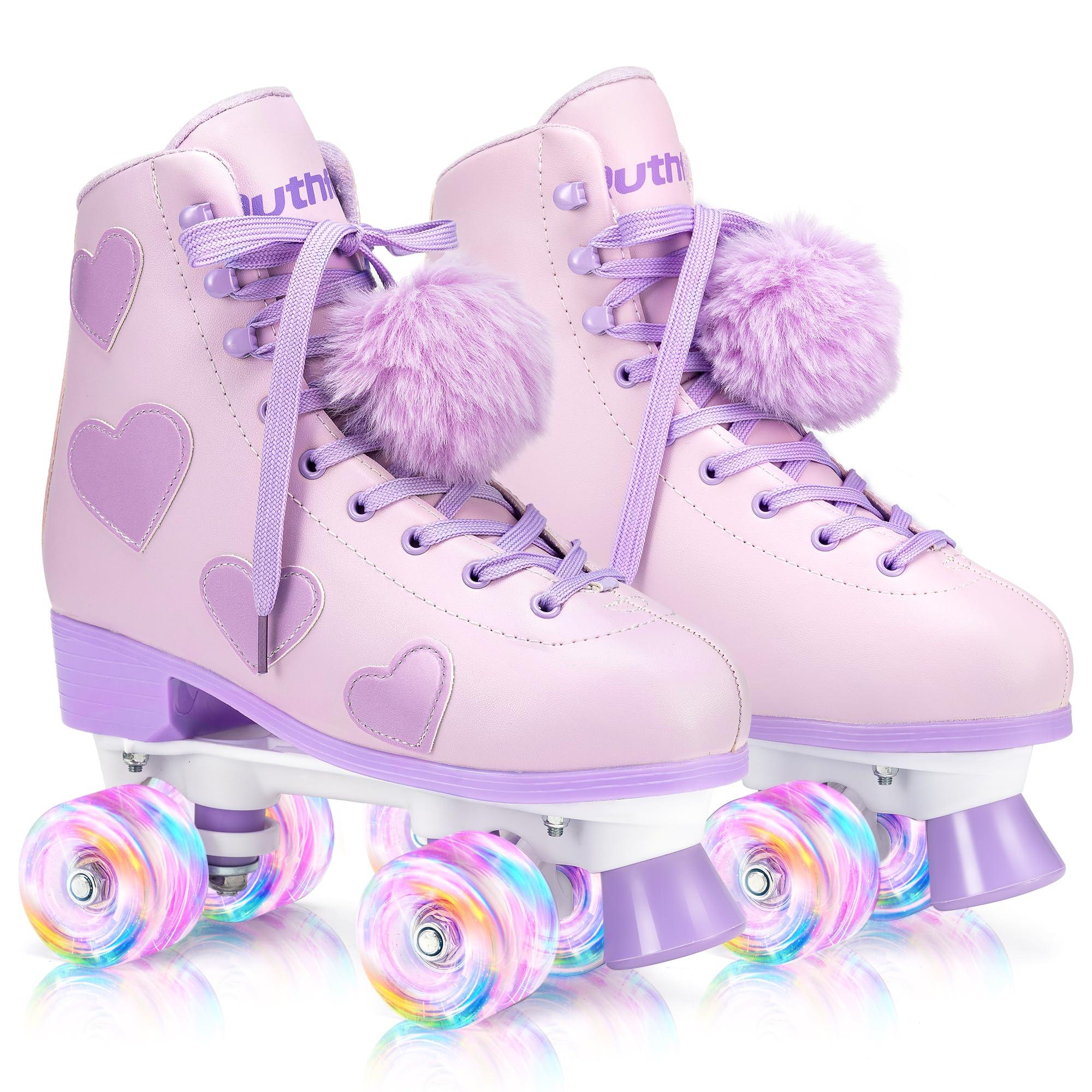 Ruthfot Ruthfot Women's and Girl's Classic Roller Skates with Light up Wheels and Love Heart Pattern, High-top PU Leather Rollerskates