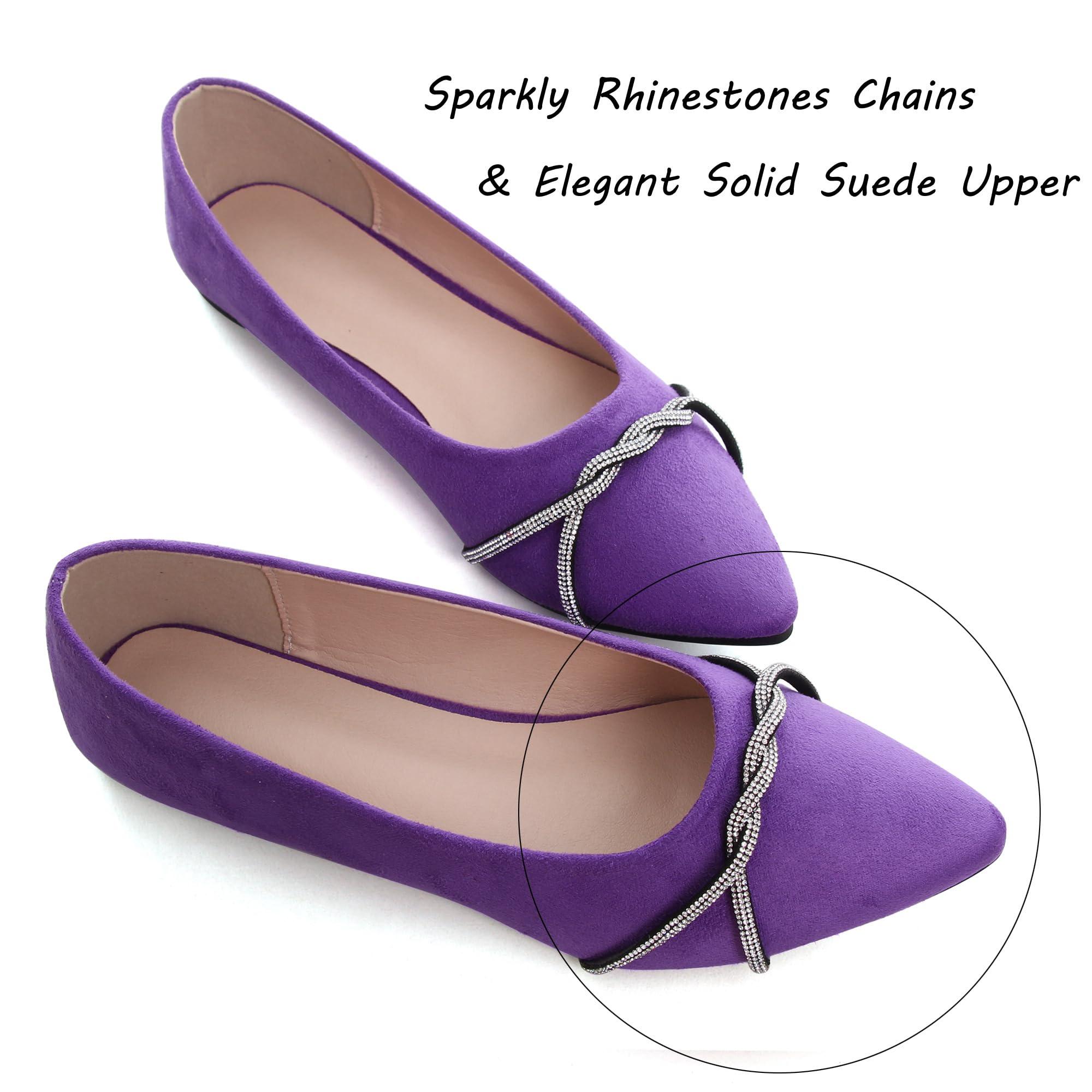 SAILING LU Rhinestones Purple Flats Dress Shoes for Women's Dressy Flats Comfortable Pointed Toe Slip-On Ballerina Walking Loafers Flats Shoes Size 5