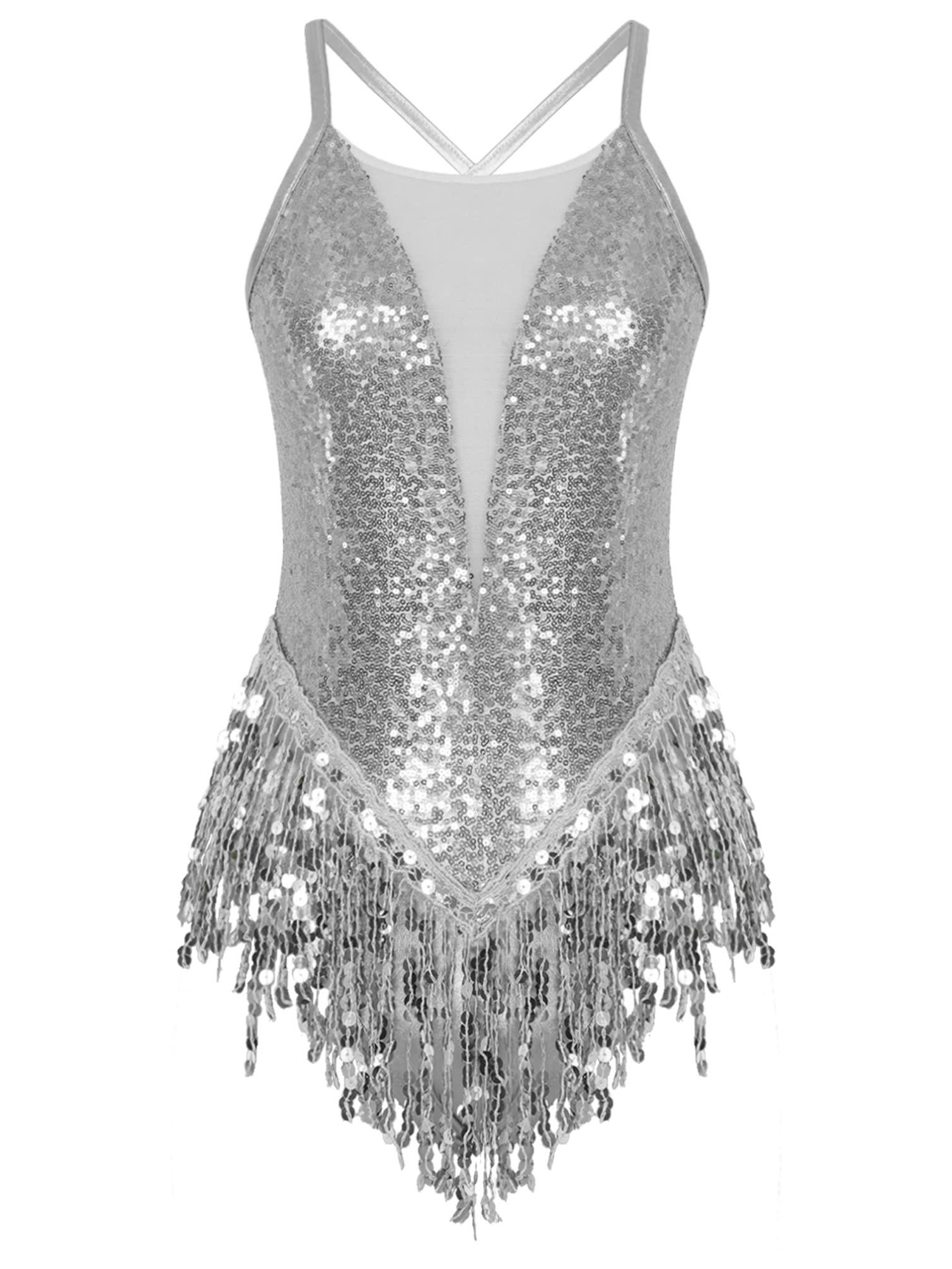HULIJA HULIJA Women\'s Shiny Sequin Leotard Fringe Tassel Latin Jazz Dance Leotard Ballroom Lyrical Dance Costumes Silver Large