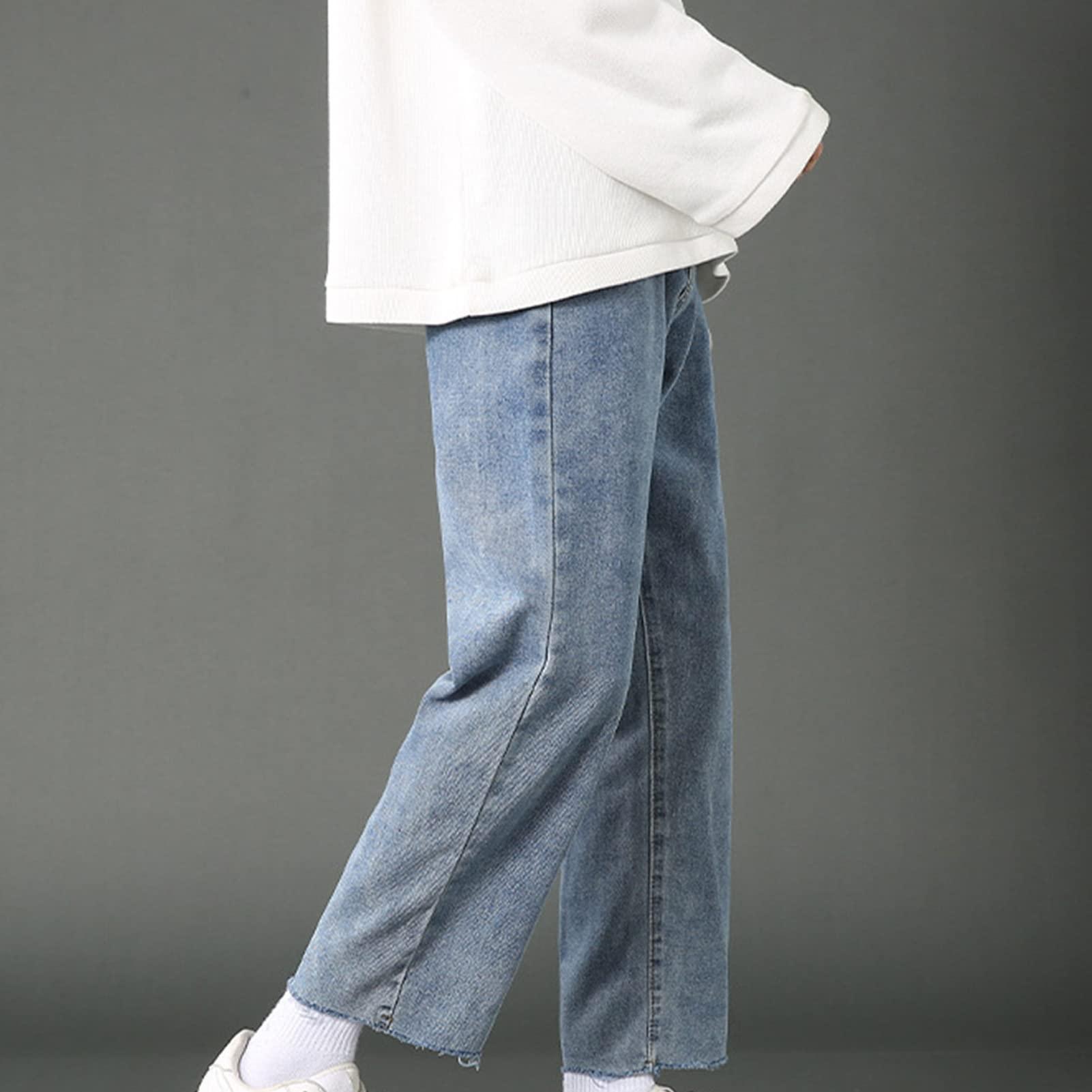 JEsilunmaMY JEsilunmaMY Straight Leg Jeans for Men Casual Loose Distressed Washed Denim Pants Spring Frayed Hem Baggy Slacks Jean Pants (Blue,29)