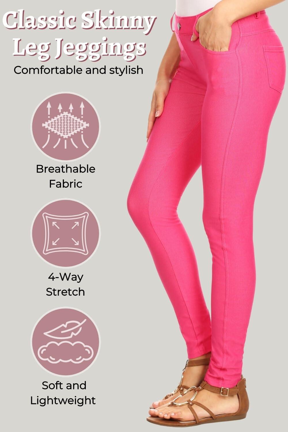 ICONOFLASH Women's 5 Pocket Stretchy Jeggings Pull On Skinny Fit Comfortable Jean Leggings Fuchsia Pink Size Small