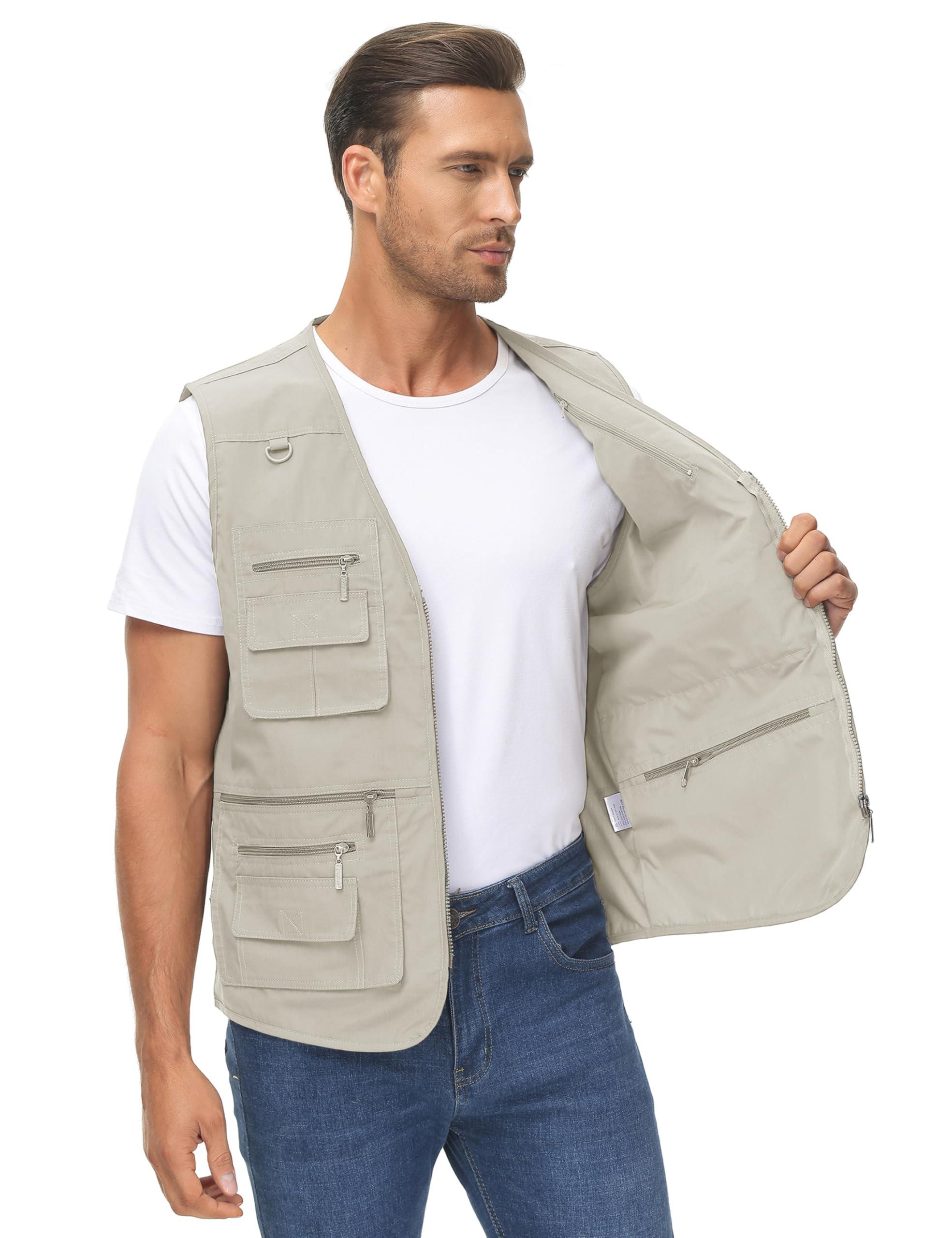 Lentta Lentta Men's Fishing Vest Summer Outdoor Work Safari Photo Cargo Vest 14 Pockets(PoplinBeige-S)