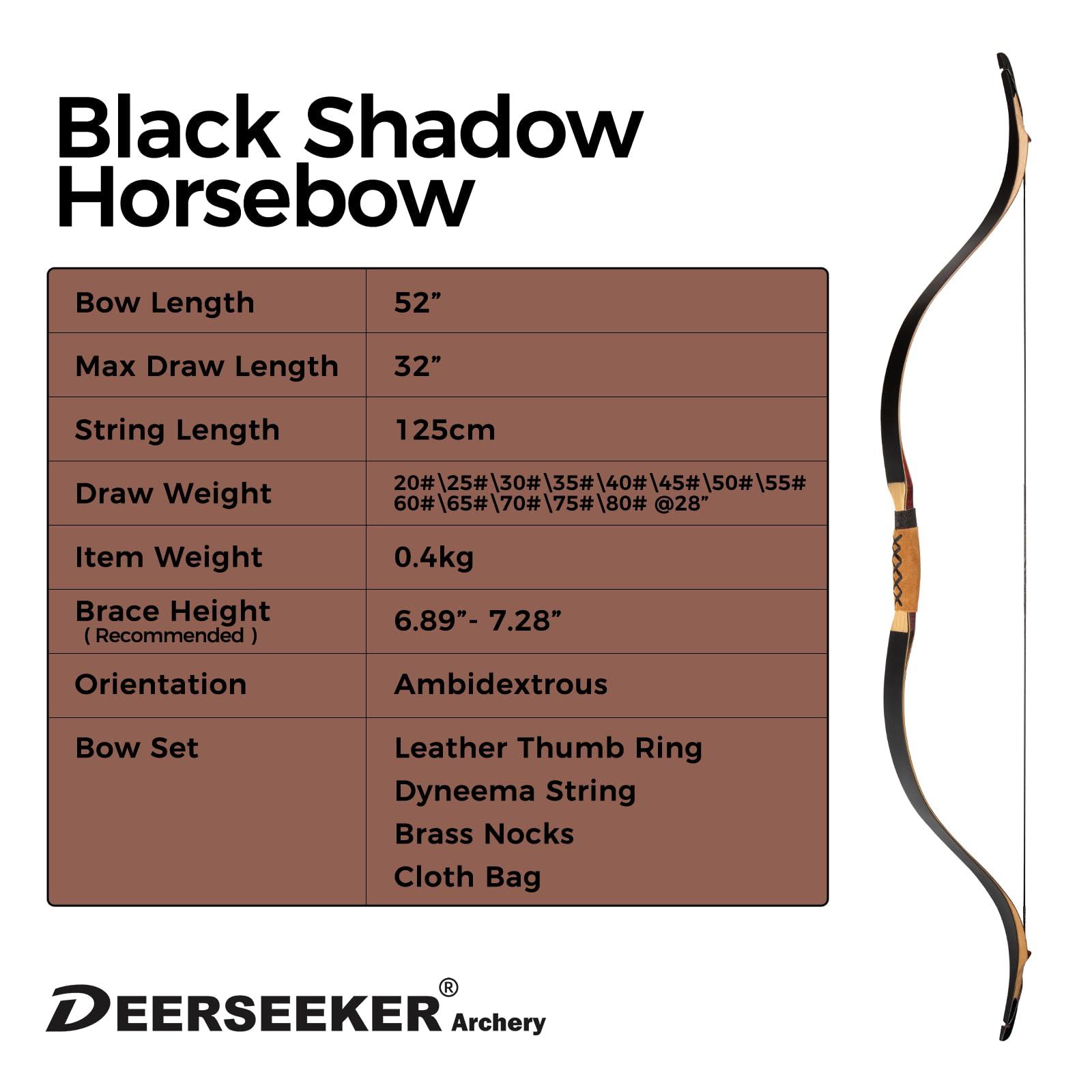 Deerseeker Outdoor Deerseeker Archery 52" Recurve Bow Traditional Longbow Handmade Tatar Horsebow Set Ambidextrous Bows for Adults & Youth Practice Target Shooting 20-80lbs