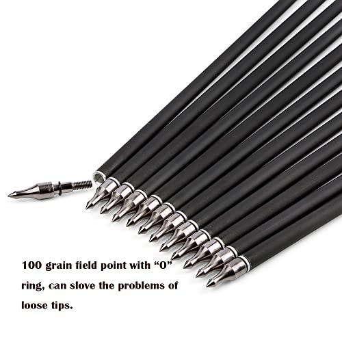 HNZMDY HNZMDY 30 inch Archery Carbon Arrows 500 Spine Hunting Arrows with 4\" 5\" Turkey Feather Fletching 100 Grain Points for Recurve Compound Bow Target Practice (4 inch Arrow Feather, 12 pcs Arrow)