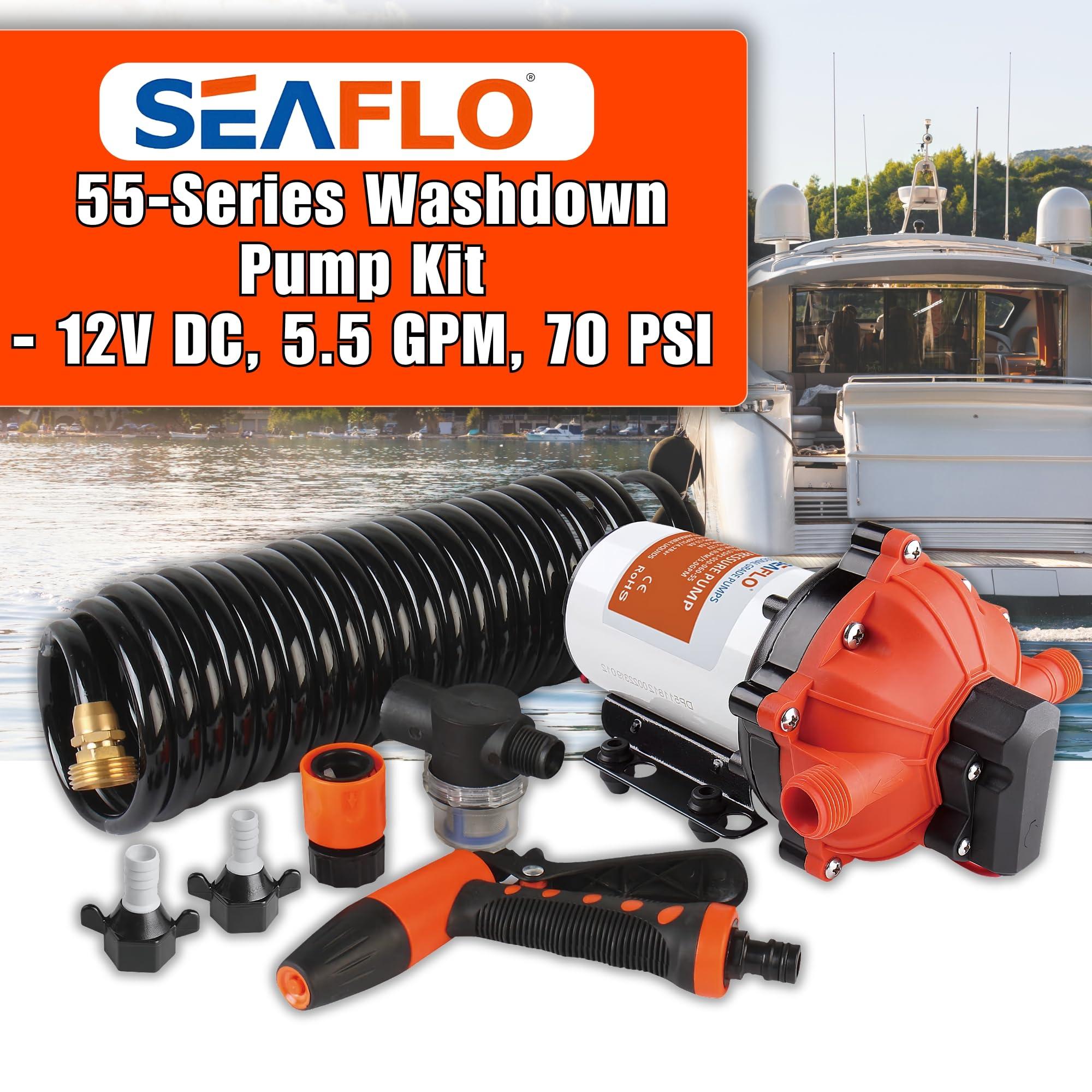 SEAFLO SEAFLO 55-Series Washdown Pump Kit - 12V DC, 5.5 GPM, 70 PSI, Self-Priming, Coiled Hose, Spray Nozzle, High Flow for RV, Boat, Off-Grid, Freshwater, and Saltwater Applications 4-Year Warranty