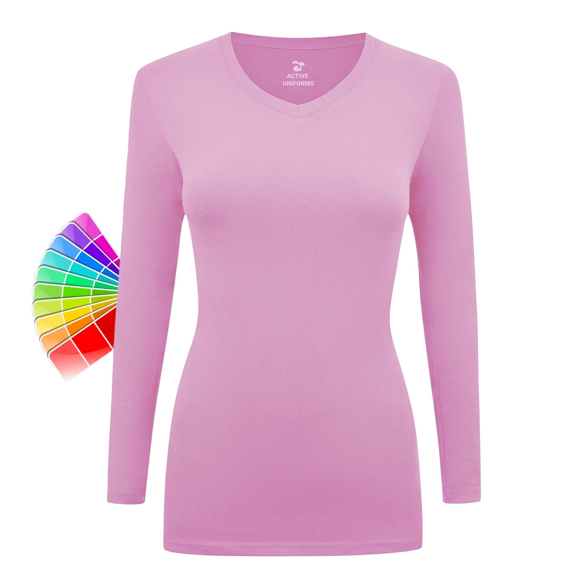 ACTIVE UNIFORMS Women's Under Scrubs Long Sleeve T-Shirt Comfort V-Neck Medical Underscrub Tee -Super Soft and Stretchy (Pink, Large)