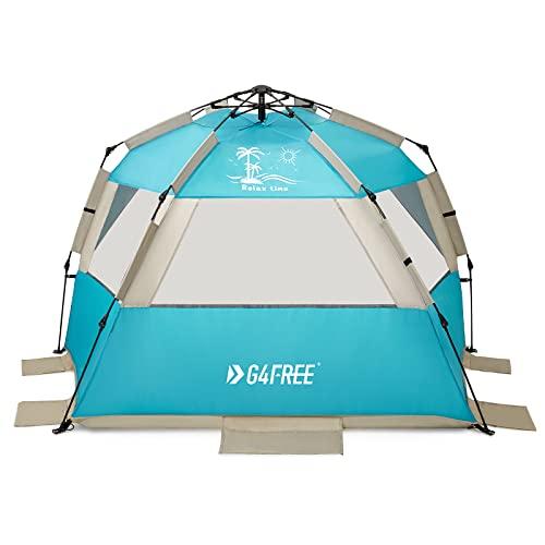 G4Free G4Free Easy Set up Beach Tent Deluxe XL, Portable Beach Shade 4 Person Pop up Sun Shelter UPF 50+ UV Protection Large Family Size(Lake-Blue)
