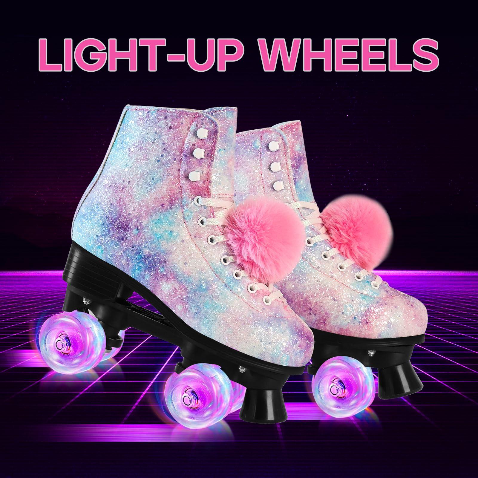 LEVYTEMP LEVYTEMP Roller Skates for Women, Men Light-Up Wheels Double-Row Rollerskates High-Top PU Leather Classic Designs Glitter Skate Shoes for Girls Beginners with a Shoes Bag Size 5 Indoor Outdoor