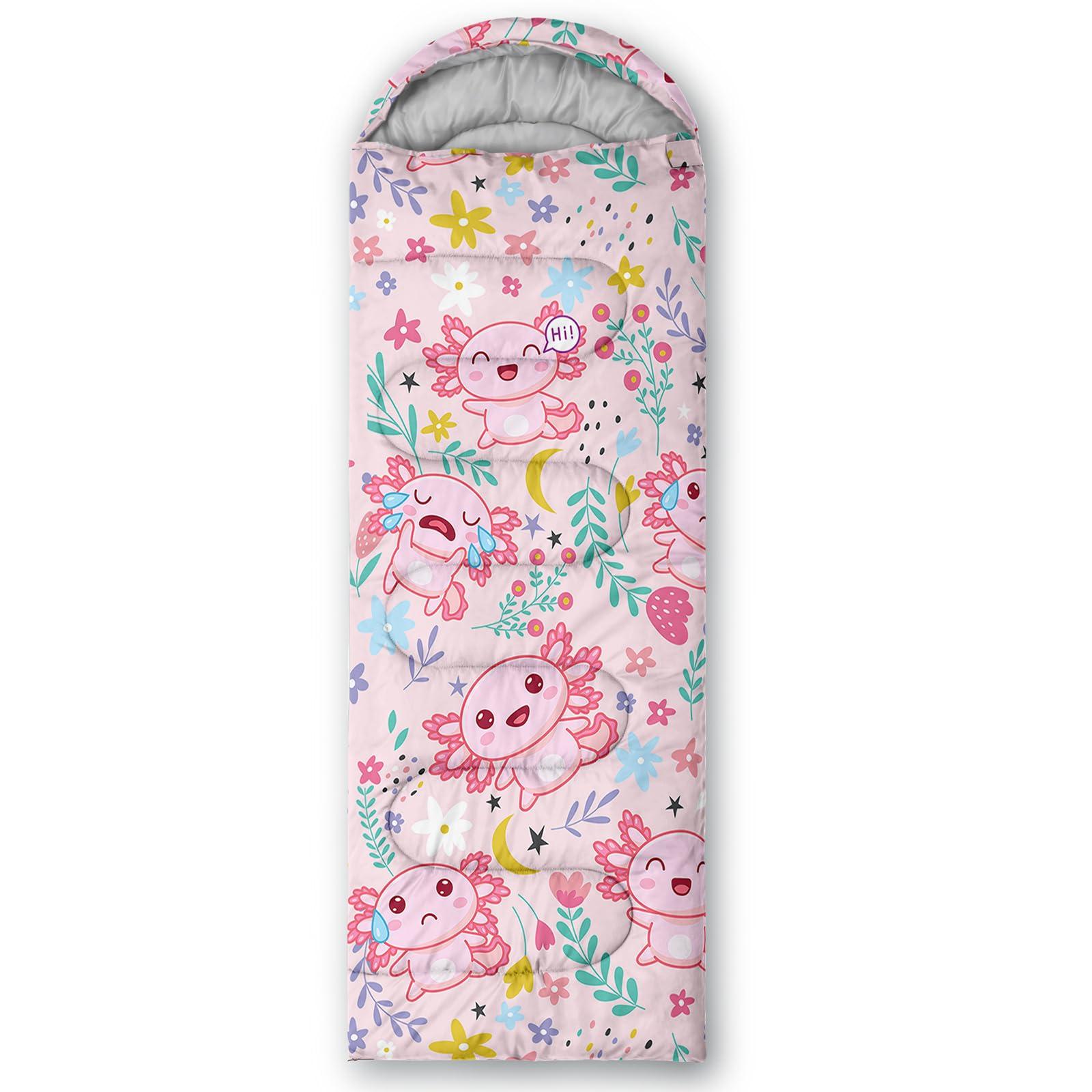 QOOMO QOOMO Cute Axolotl Printed Camping Sleeping Bags,3 Season Warm & Cool Weather,Lightweight,Waterproof Sleeping Bags for Adults & Kids,Traveling,and Outdoors,Camping Gear Equipment, 31x90inch