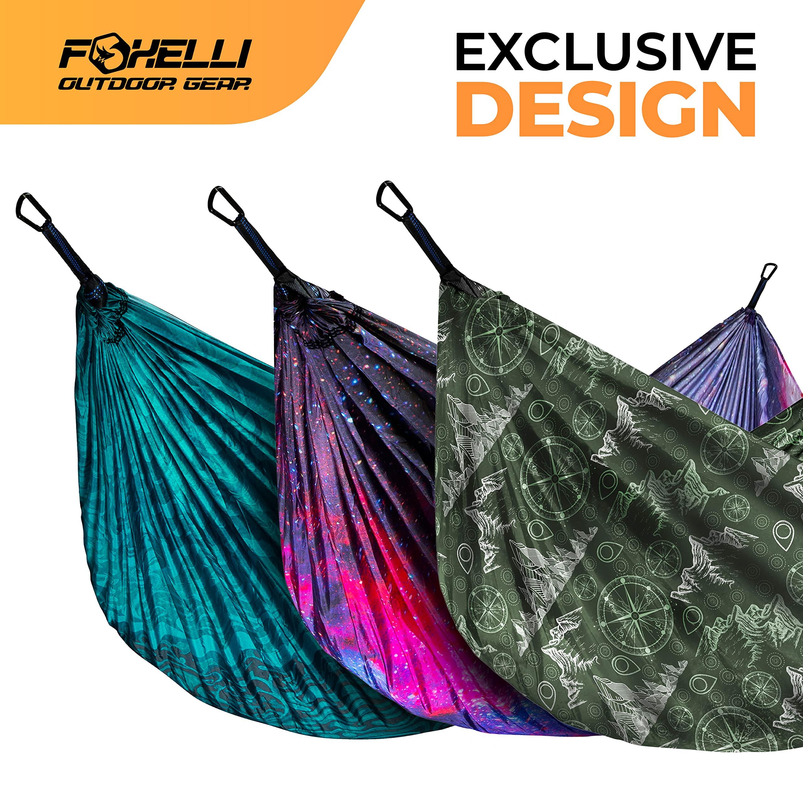 Foxelli Foxelli Camping Hammock Bundle of 2 Lightweight Parachute Nylon Portable Hammocks with Tree Ropes and Carabiners