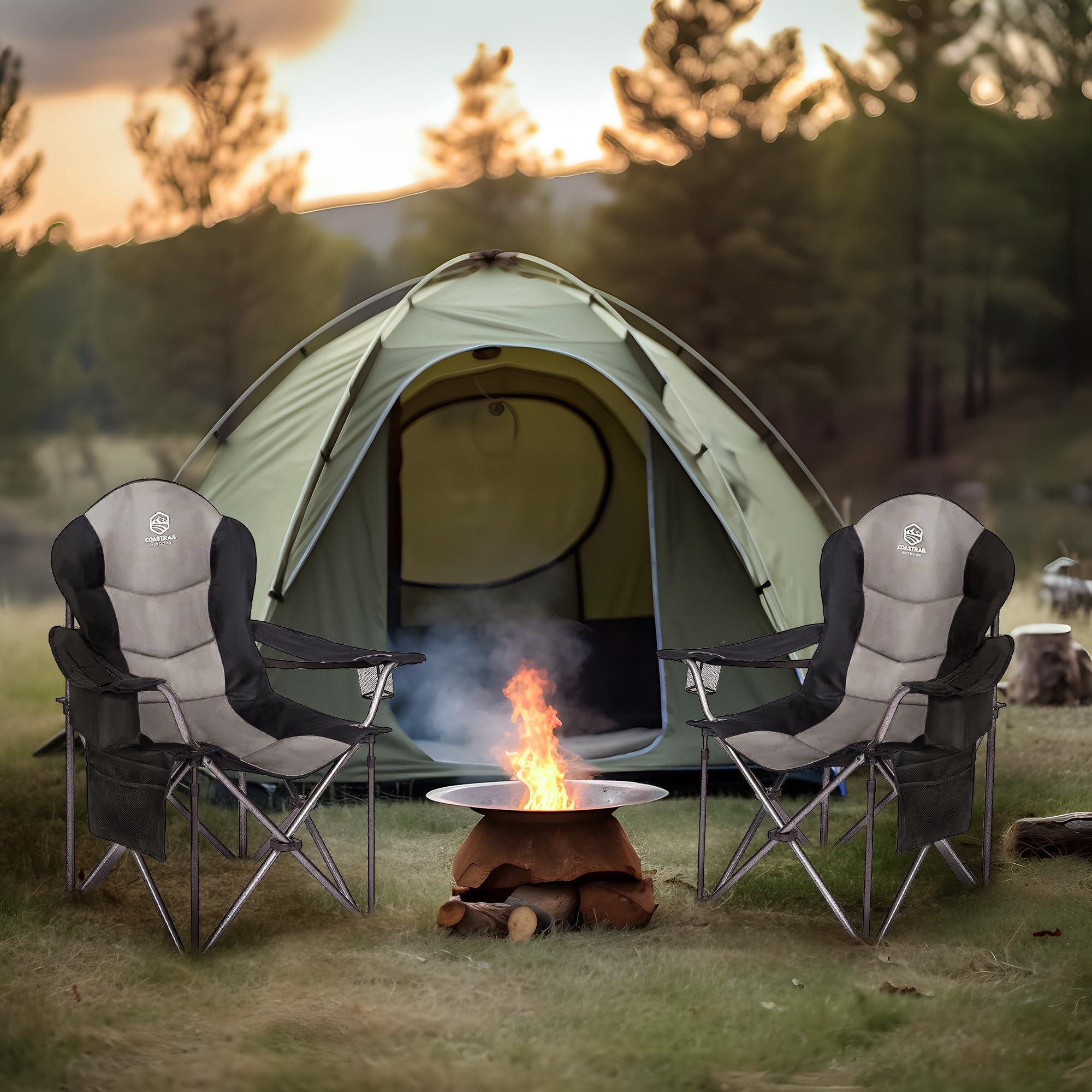 Coastrail Outdoor Coastrail Outdoor Camping Chair Oversized Padded Folding Quad Arm Chairs with Lumbar Back Support, Cooler Bag, Cup Holder & Side Pocket, Extra Head Pocket, Black&Gray