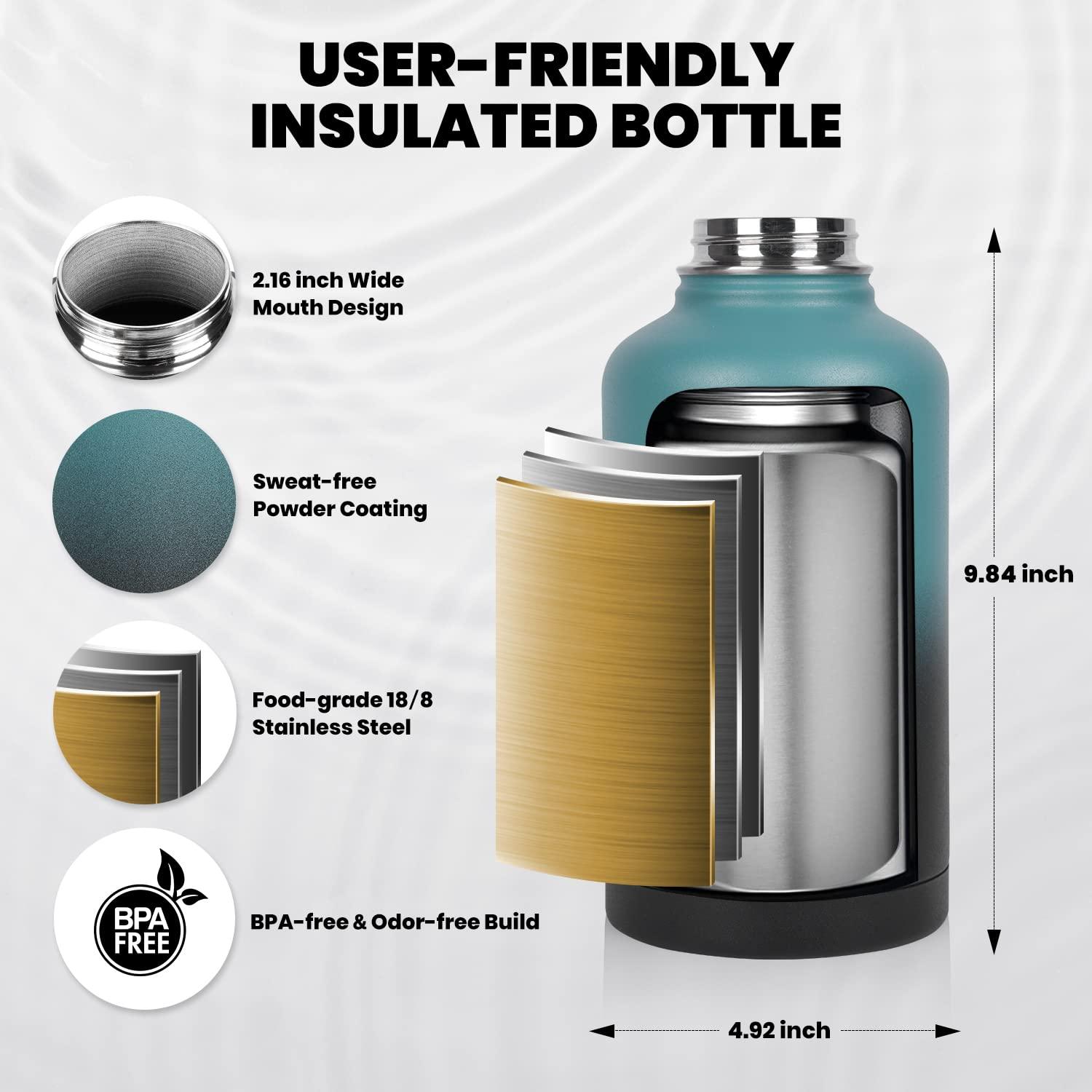 RAYMYLO RAYMYLO Insulated Water Bottle 64 oz, Triple Wall Vacuum Stainless Steel (Cold for 48 Hrs), Leak Proof & Non-BPA, Half Gallon Water Flask Jug with Paracord Handle & Straw Spout Lids