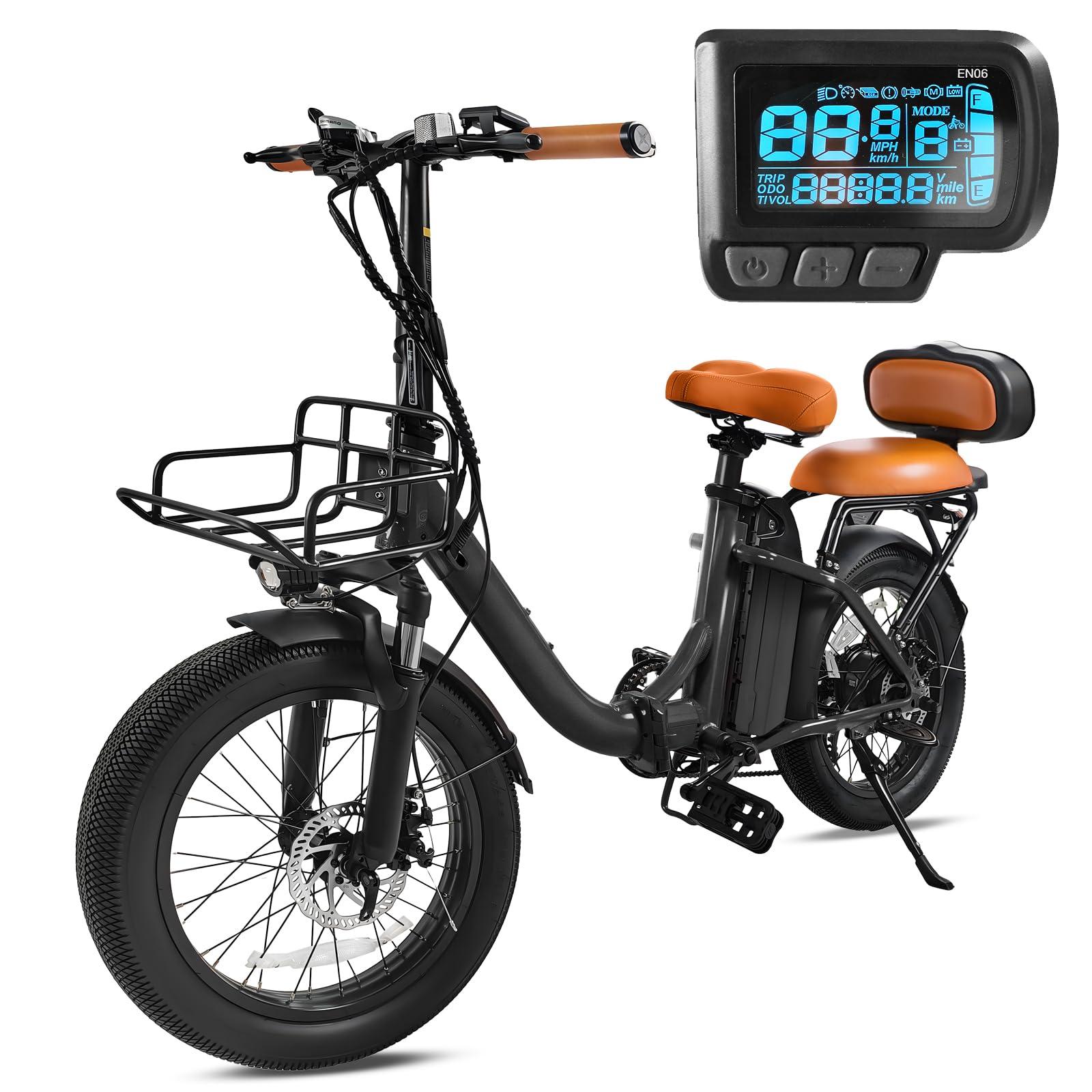KORNORGE KORNORGE Electric Bike for Adults, 20" Ultra Light Foldable Electric Bike, 20MPH, 7-Speed and Dual Shock Absorber with Rear Seat Cushion, Electric Cruiser Bike with Basket for Female Male
