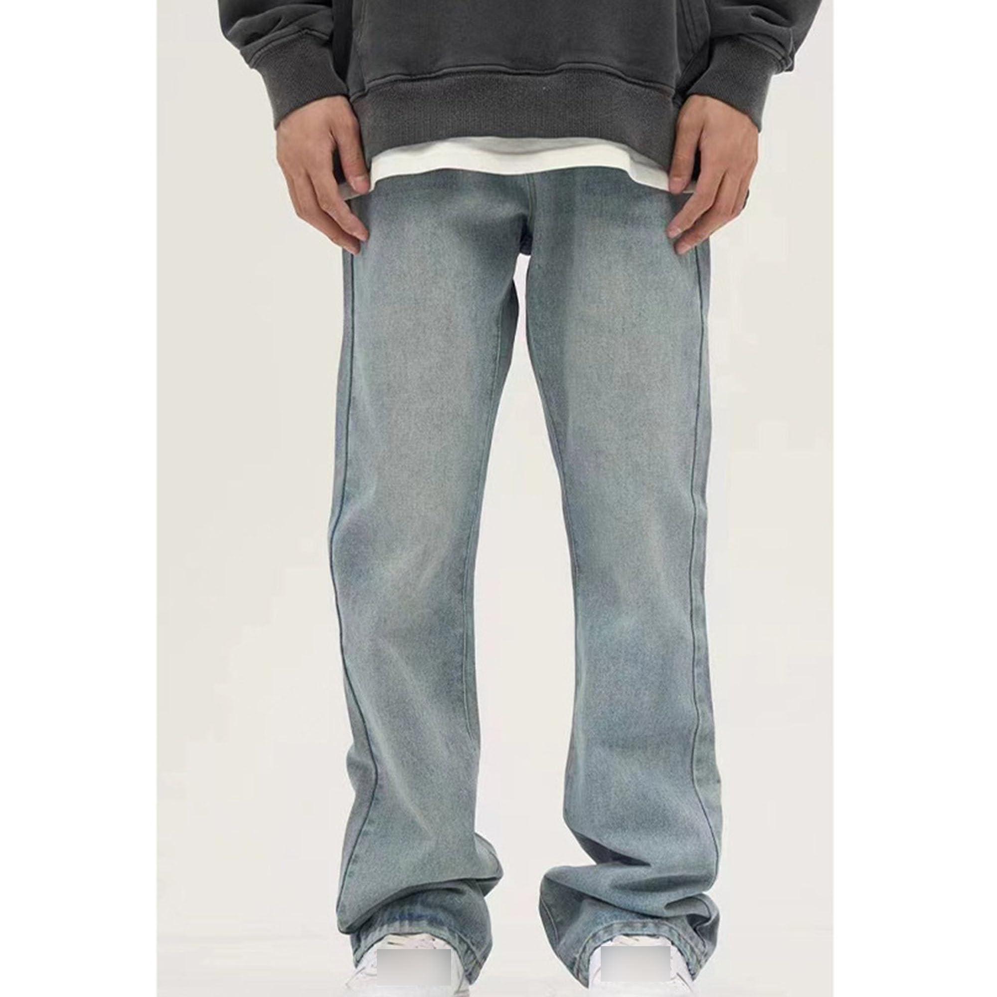 JEsilunmaMY JEsilunmaMY Men's Wash Distressed Denim Pants Relaxed Fit Straight Leg Jeans Trousers Retro Fashion Comfort Baggy Jeans (Light Blue,Large)