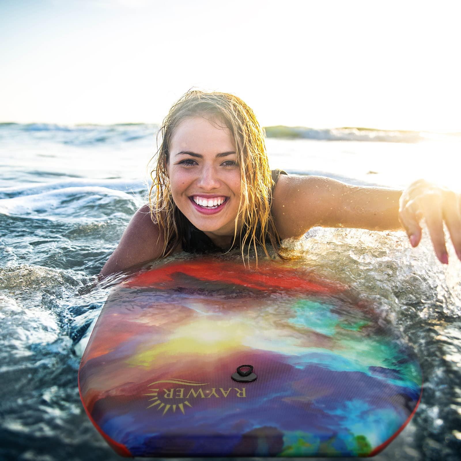 RAYWER RAYWER Body Board Lightweight with EPS Core, HDPE Slick Bottom , Leash & Adjustable Wrist Rope, Great Surfing for Kids and Adults (Sky, 33-INCH)