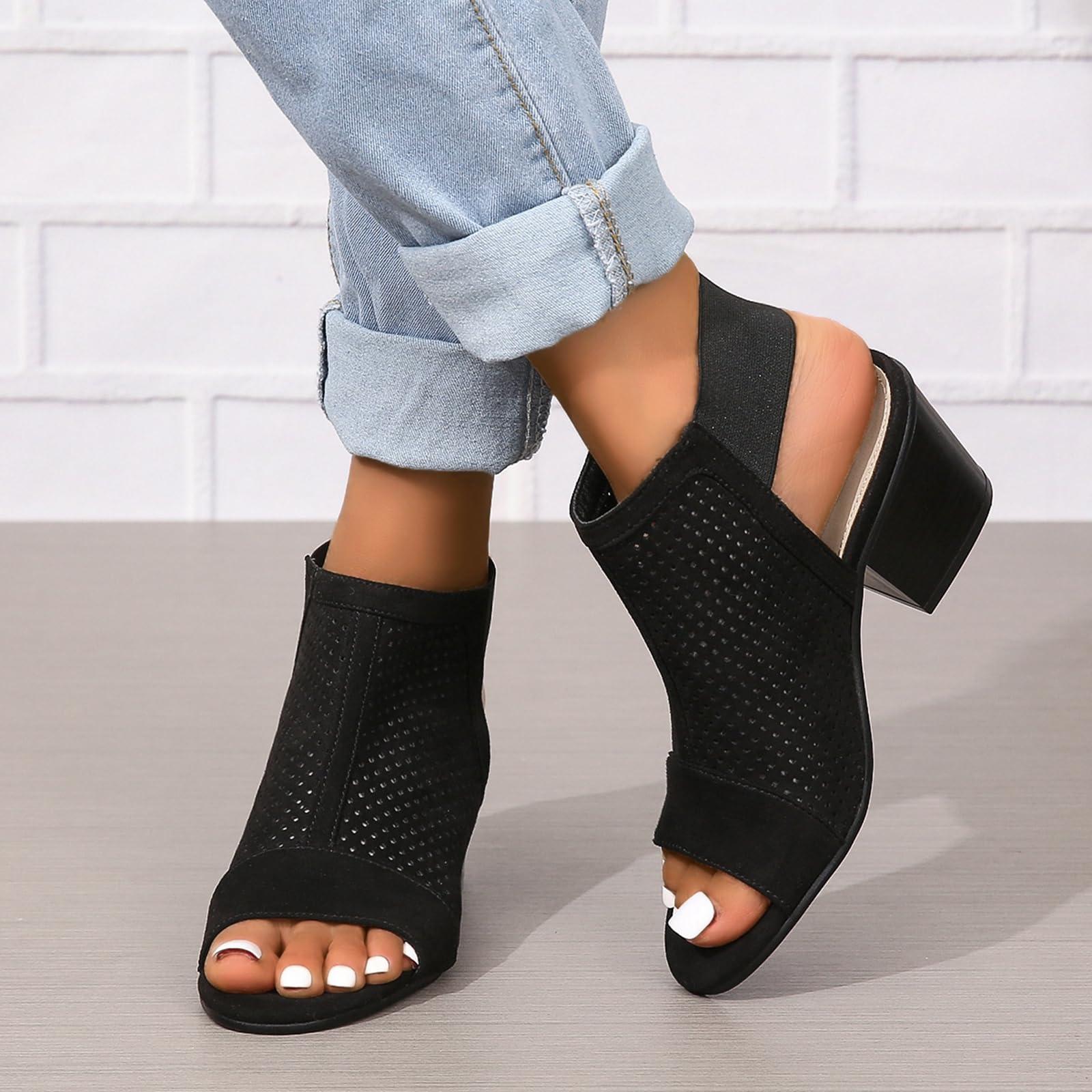 NineFit Basics Women Peep Toe Booties Open Toe Boots Cutout Ankle Strap Mid Black Chunky Heel Block Sandals