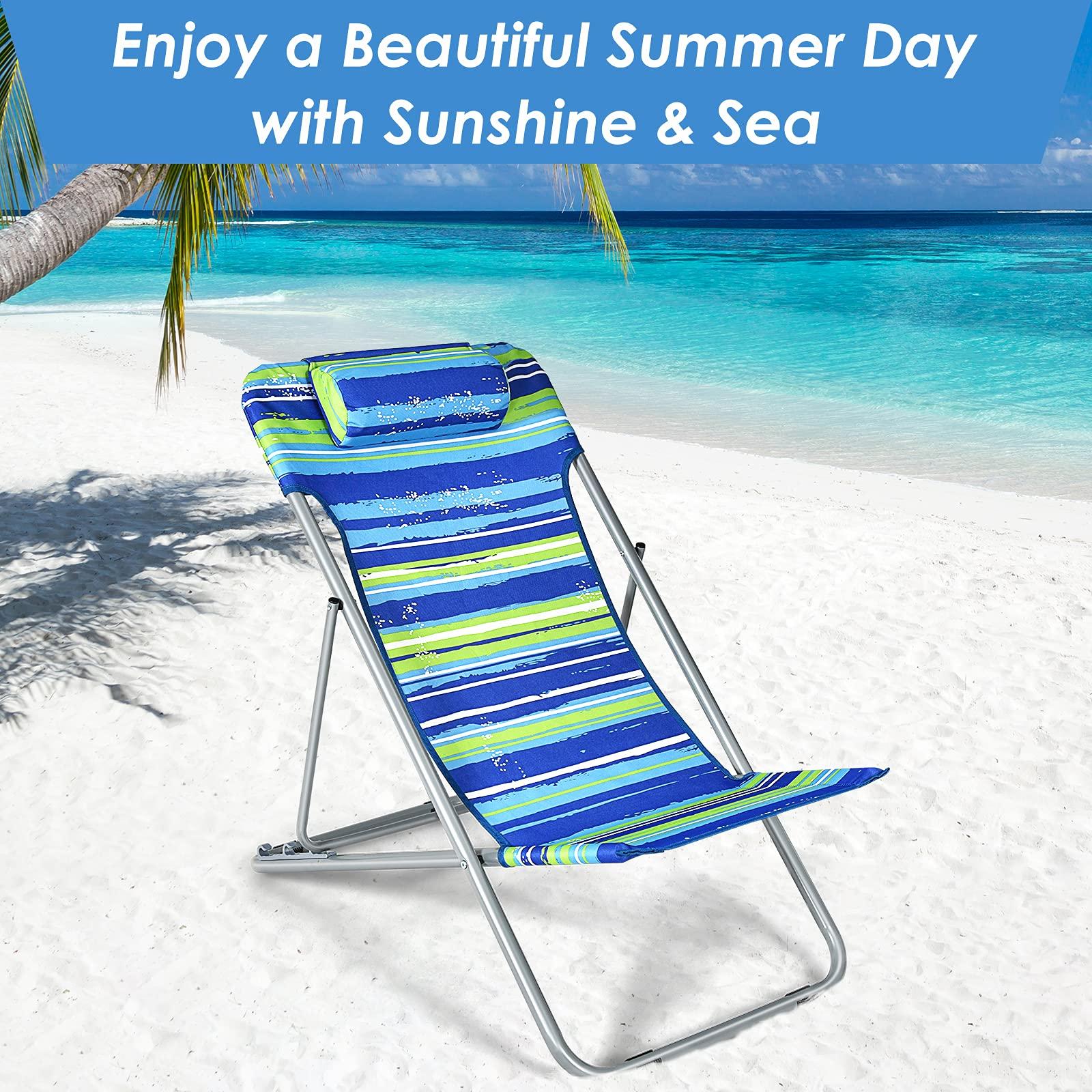 Giantex Giantex Beach Chair for Adults Camping Chair Set, Sunbathing Backpack Folding Recliner with 3 Adjustable Position, Lockable System, Headrest, Non-Slip Foot Pads, Lightweight Sand Chair (2, Blue)