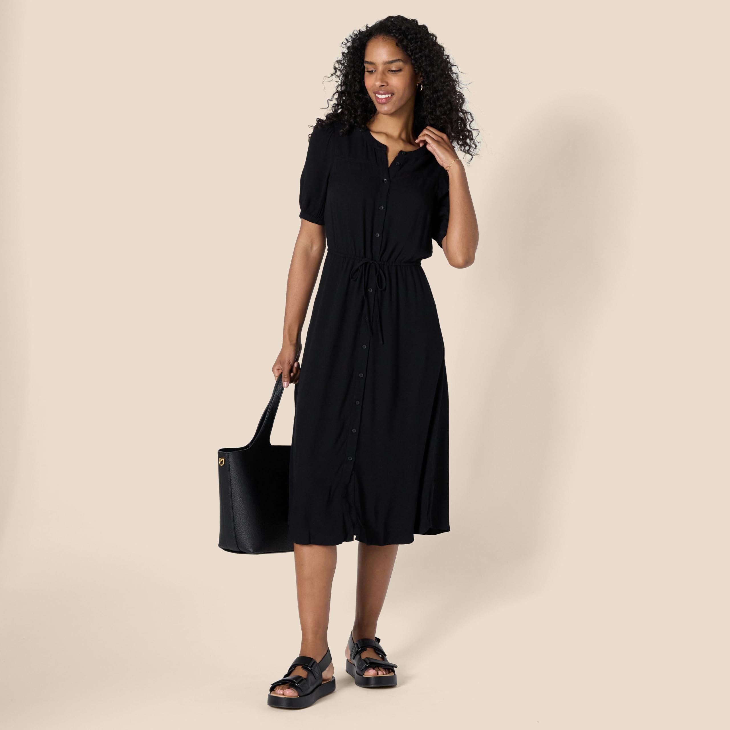 Amazon Essentials Amazon Essentials Women's Fit and Flare Half-Sleeve Waisted Midi A-Line Dress with Pockets, Black, Medium