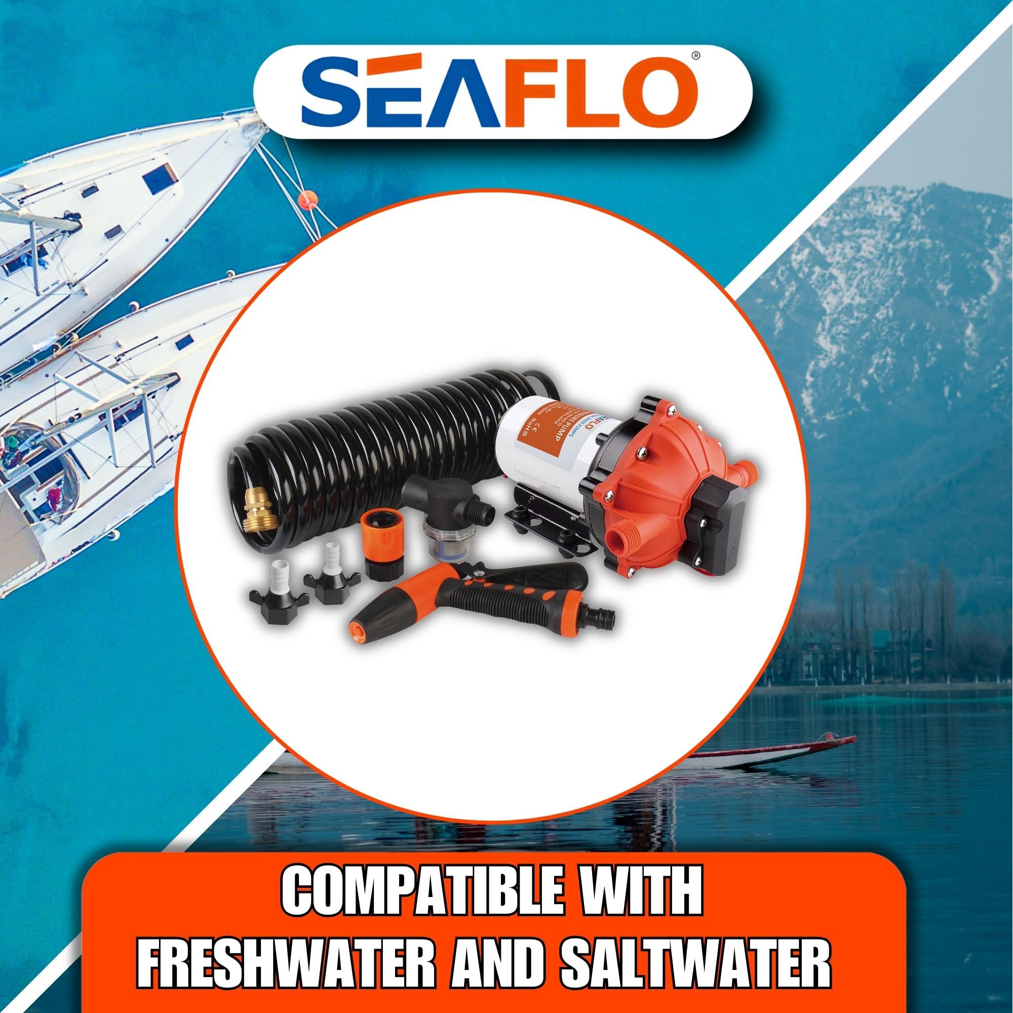 SEAFLO SEAFLO 55-Series Washdown Pump Kit - 12V DC, 5.5 GPM, 70 PSI, Self-Priming, Coiled Hose, Spray Nozzle, High Flow for RV, Boat, Off-Grid, Freshwater, and Saltwater Applications 4-Year Warranty