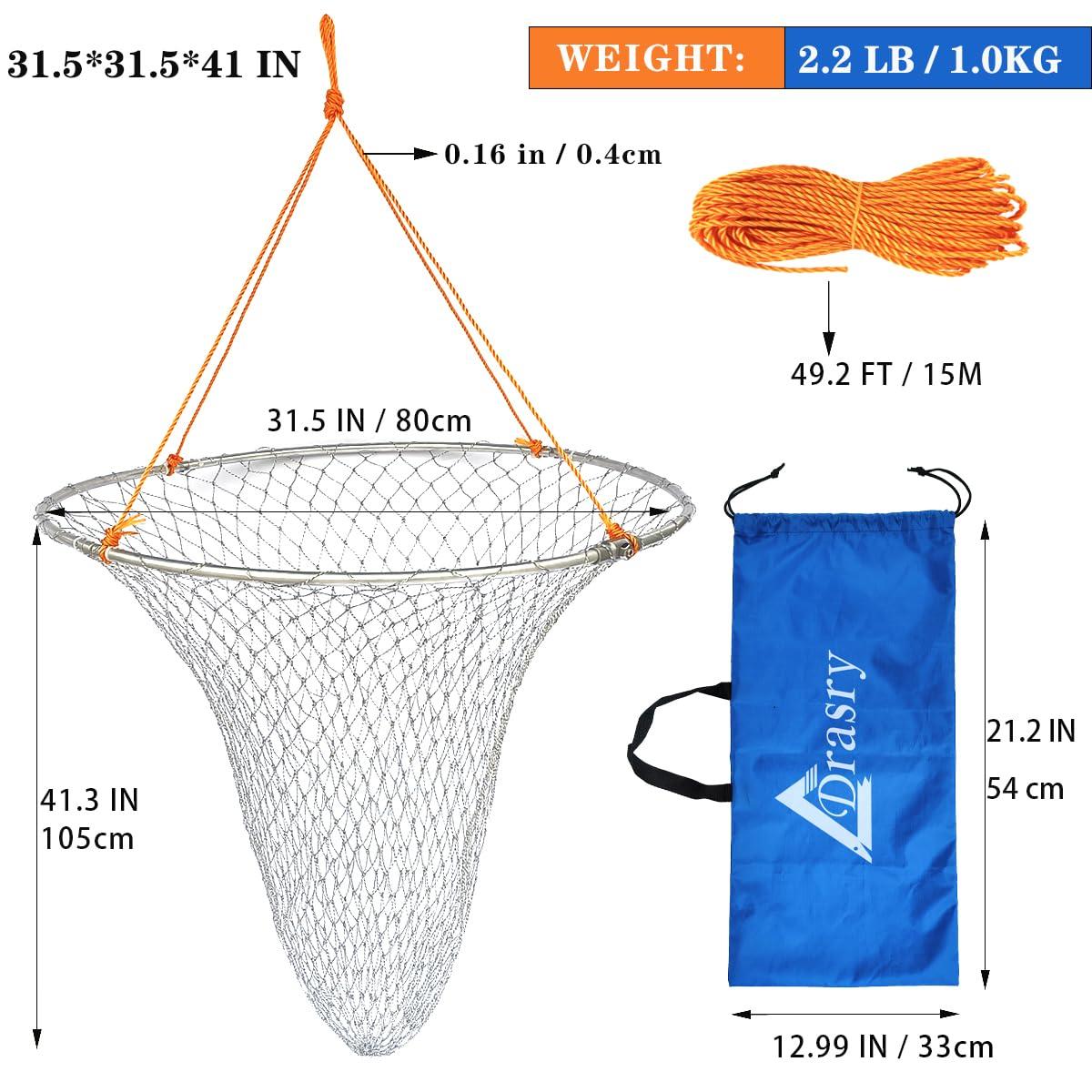 Drasry Drasry Foldable Bridge and Pier Fishing Net Landing Net High Load-Bearing Aluminum Ring Drop Net for Saltwater Freshwater Pier Fishing Baskets Collapsible with 49.2 FT Rope 31.5 * 31.5 * 41 in