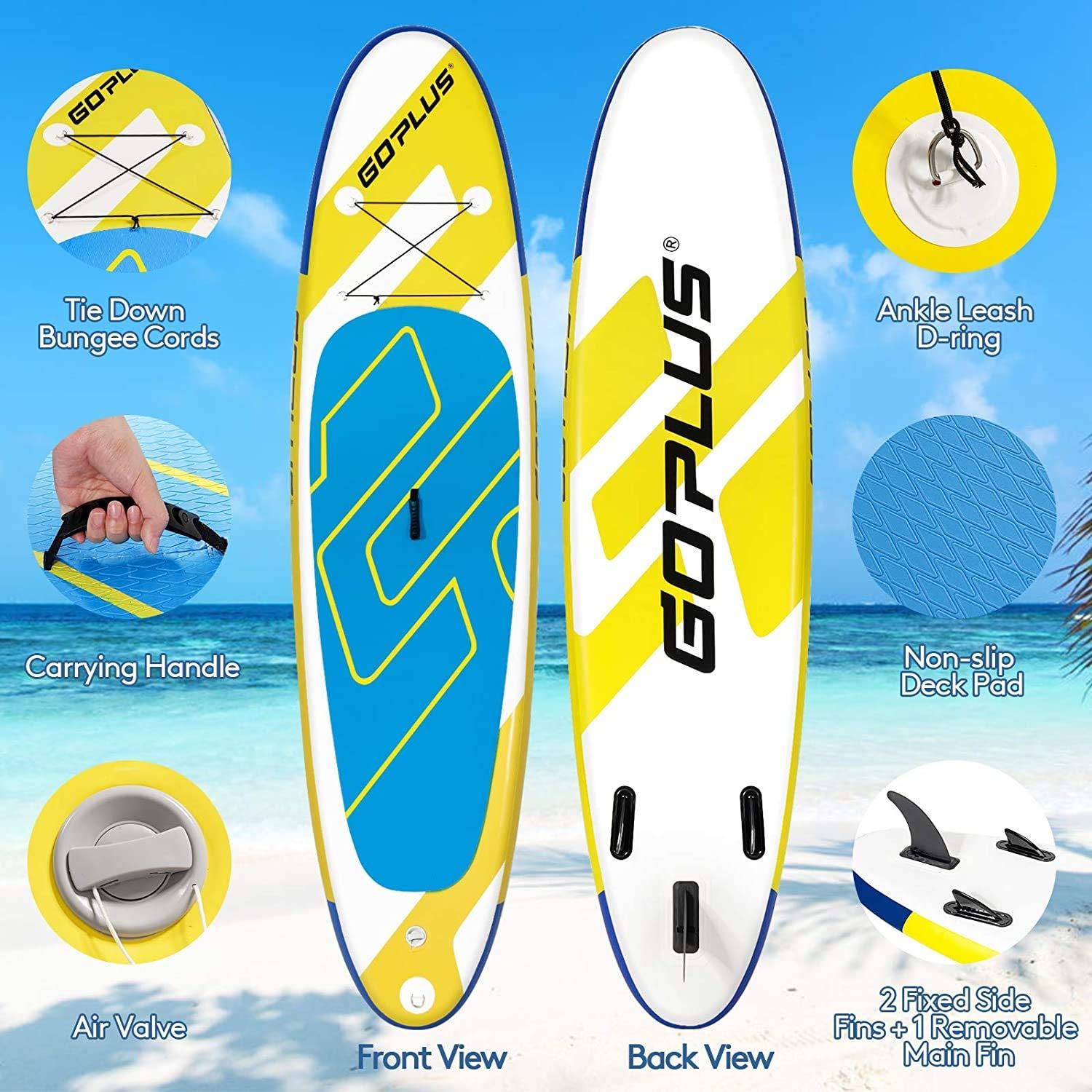 Goplus Goplus Inflatable Stand Up Paddle Board, 11 x 30 x 6 SUP with Accessory Pack, Adjustable Paddle, Carry Bag, Bottom Fin, Hand Pump, Non-Slip Deck, Leash, Repair Kit (Yellow+Blue, 11FT)