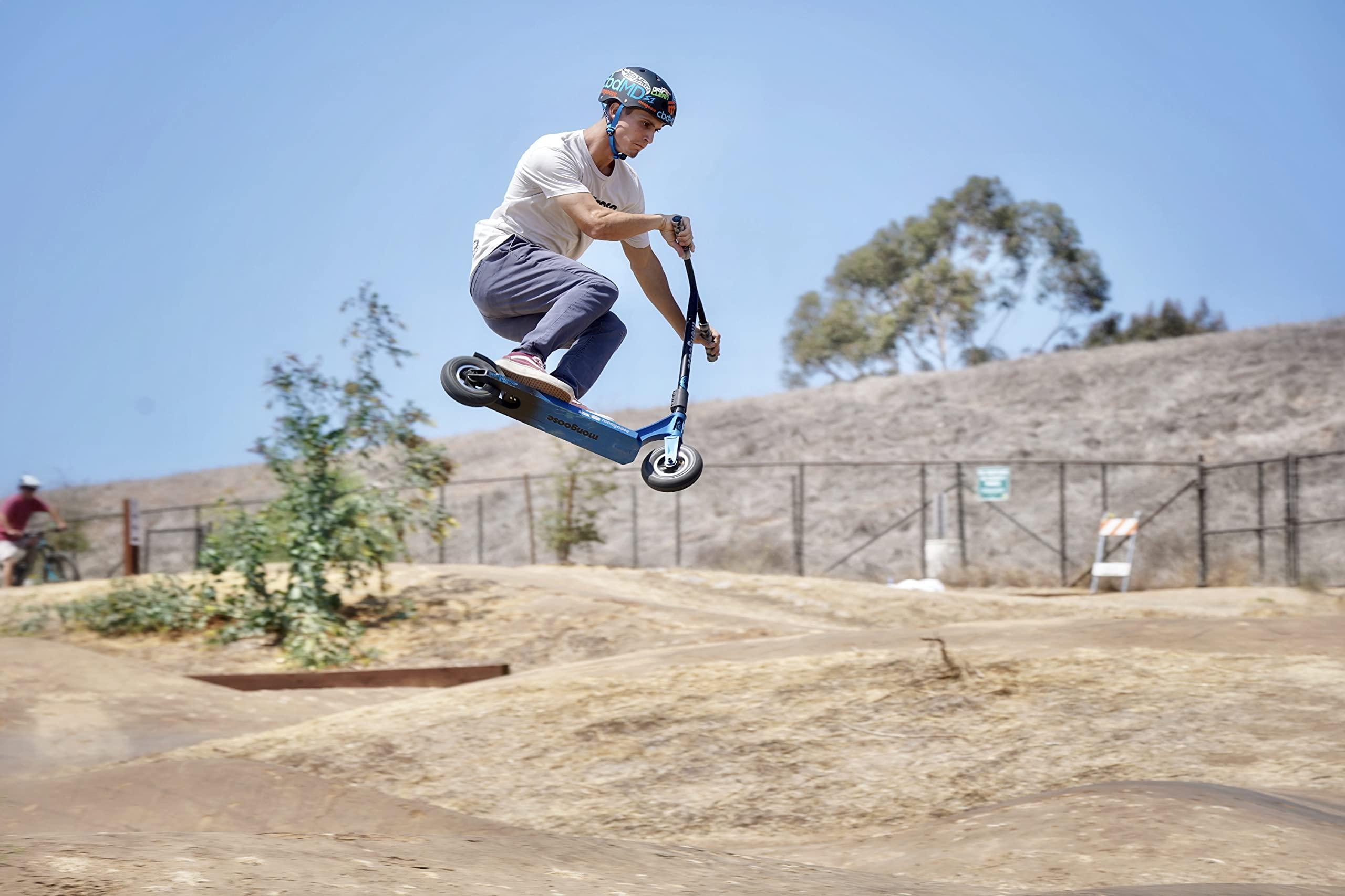 Mongoose Mongoose Tread Pro Youth/Adult Freestyle Dirt Kick Scooter, Ages 8 Years and Up, Air Filled Tires, Max Rider Weight 220 Pounds, Black/Blue