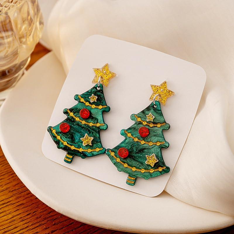 Meztole Christmas Tree Earrings Acrylic Christmas Holiday Earrings Colourful Christmas Tree Drop Dangle Earrings for Christmas Jewelry Christmas Stocking Stuffers for Women (Green)