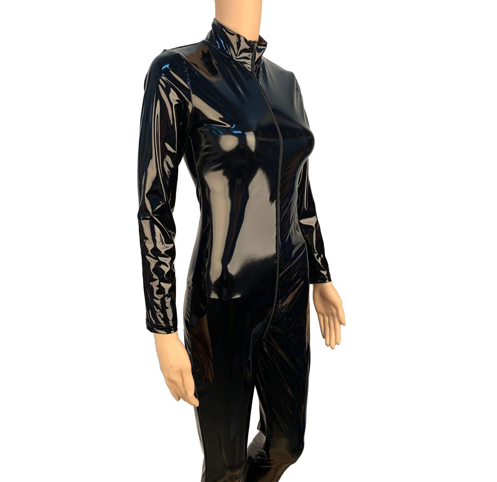 BERMEL BERMEL Women's Bodysuit Shiny Patent Black PVC Leather CatSuit Full Body Sexy Latex Tight Zipper Jumpsuit Rubber Clothing (5XL)