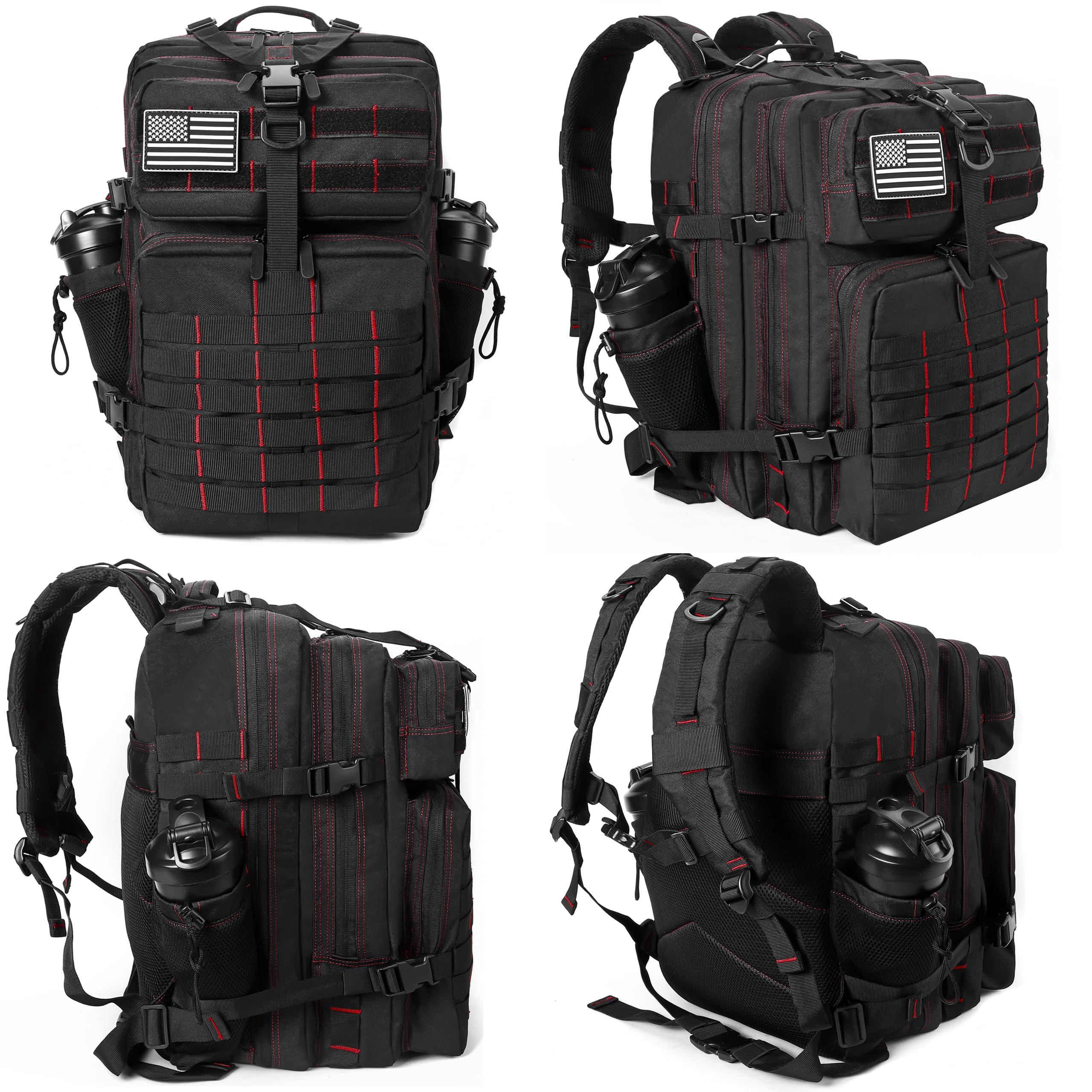 LHI LHI Military Tactical Backpack for Men and Women 45L Army 3 Days Assault Pack Bag Large Rucksack with Molle System - Black with Red Line