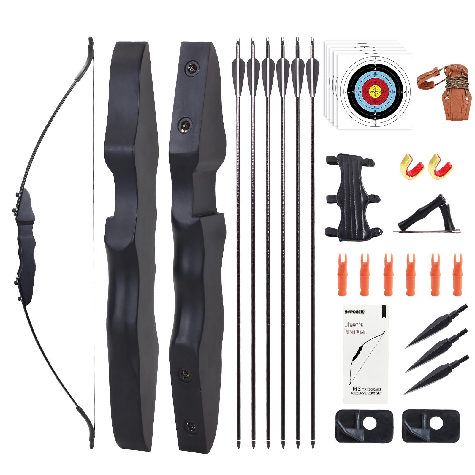 SOPOGER SOPOGER Recurve Bow and Arrow Set - Archery Takedown Recurve Bow Set for Adult Beginners Target Practice 30lbs 40lbs Right Handed Longbow Outdoor Backyard Hunting Shooting Training Kit (30lbs)